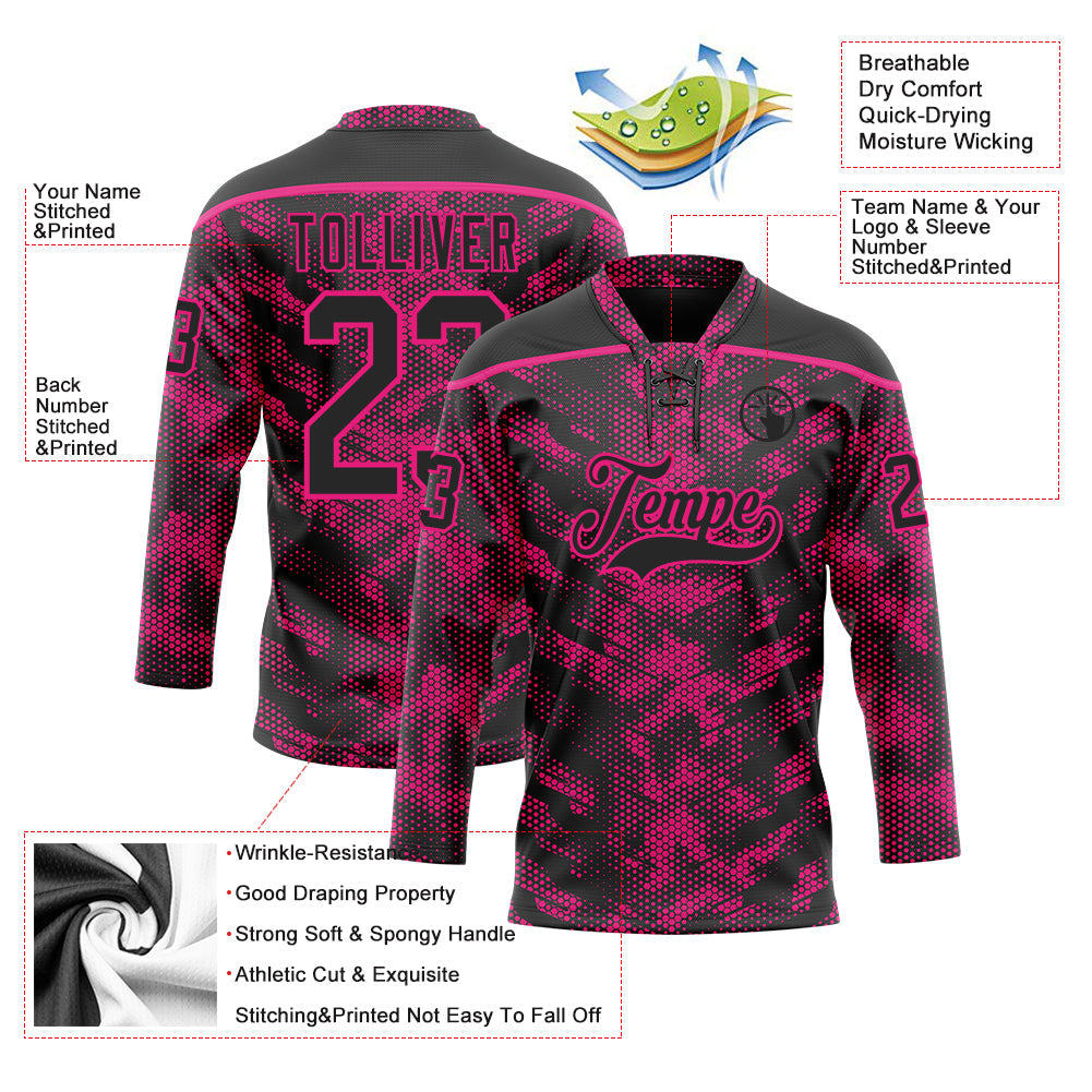 Custom Camo Black-Hot Pink 3D Camouflage Digital Hockey Lace Neck Jersey