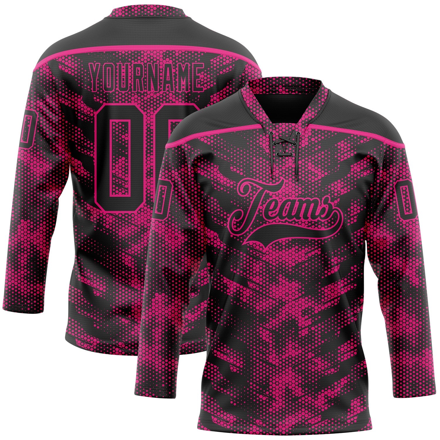 Custom Camo Black-Hot Pink 3D Camouflage Digital Hockey Lace Neck Jersey