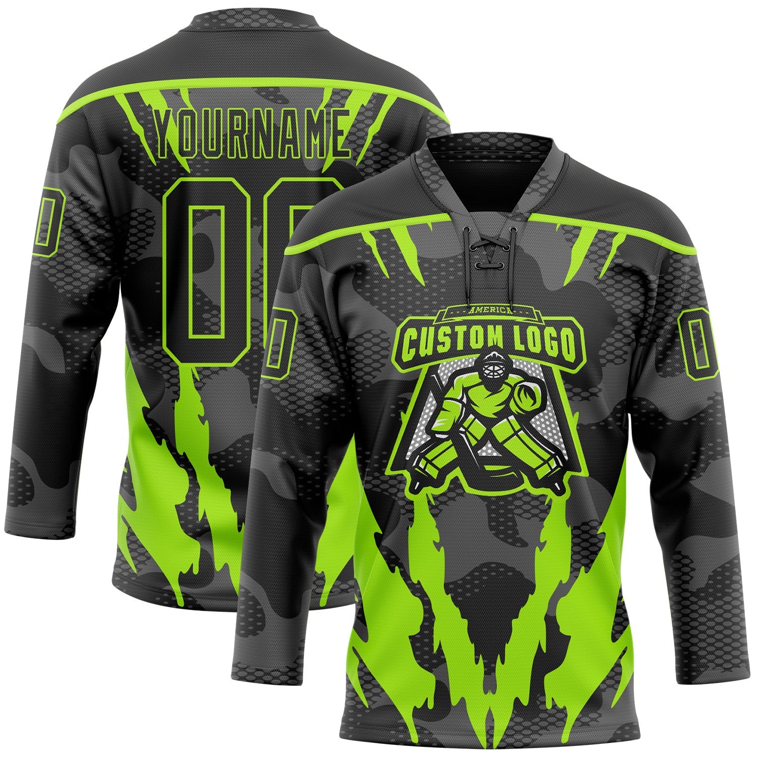 Custom Camo Black-Neon Green 3D Camouflage Hockey Lace Neck Jersey
