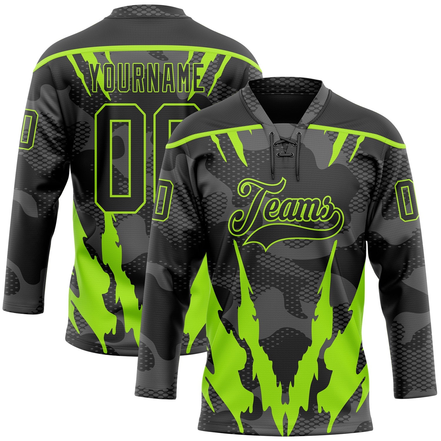 Custom Camo Black-Neon Green 3D Camouflage Hockey Lace Neck Jersey