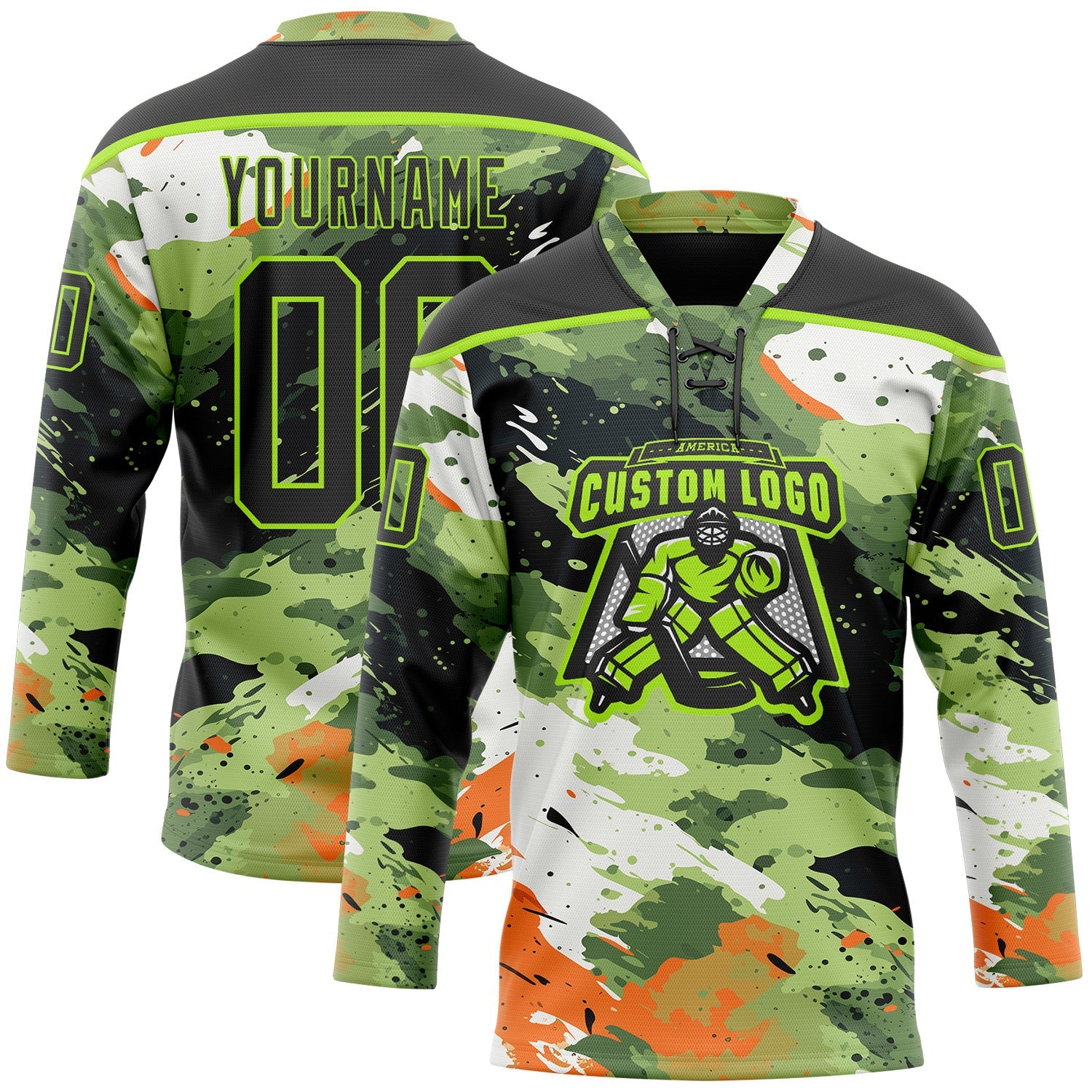 Custom Camo Black-Neon Green 3D Camouflage Hockey Lace Neck Jersey