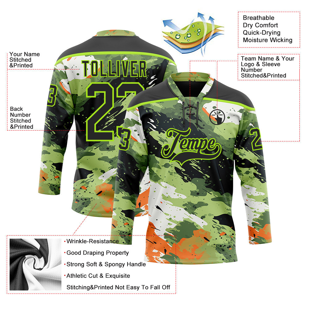 Custom Camo Black-Neon Green 3D Camouflage Hockey Lace Neck Jersey