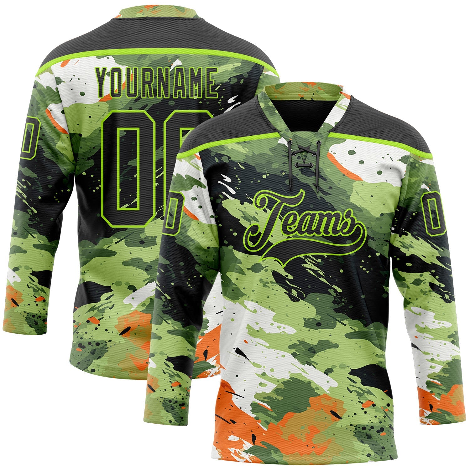 Custom Camo Black-Neon Green 3D Camouflage Hockey Lace Neck Jersey