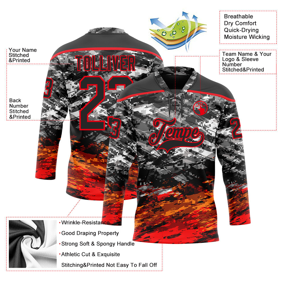 Custom Camo Black-Fire Red 3D Camouflage Hockey Lace Neck Jersey