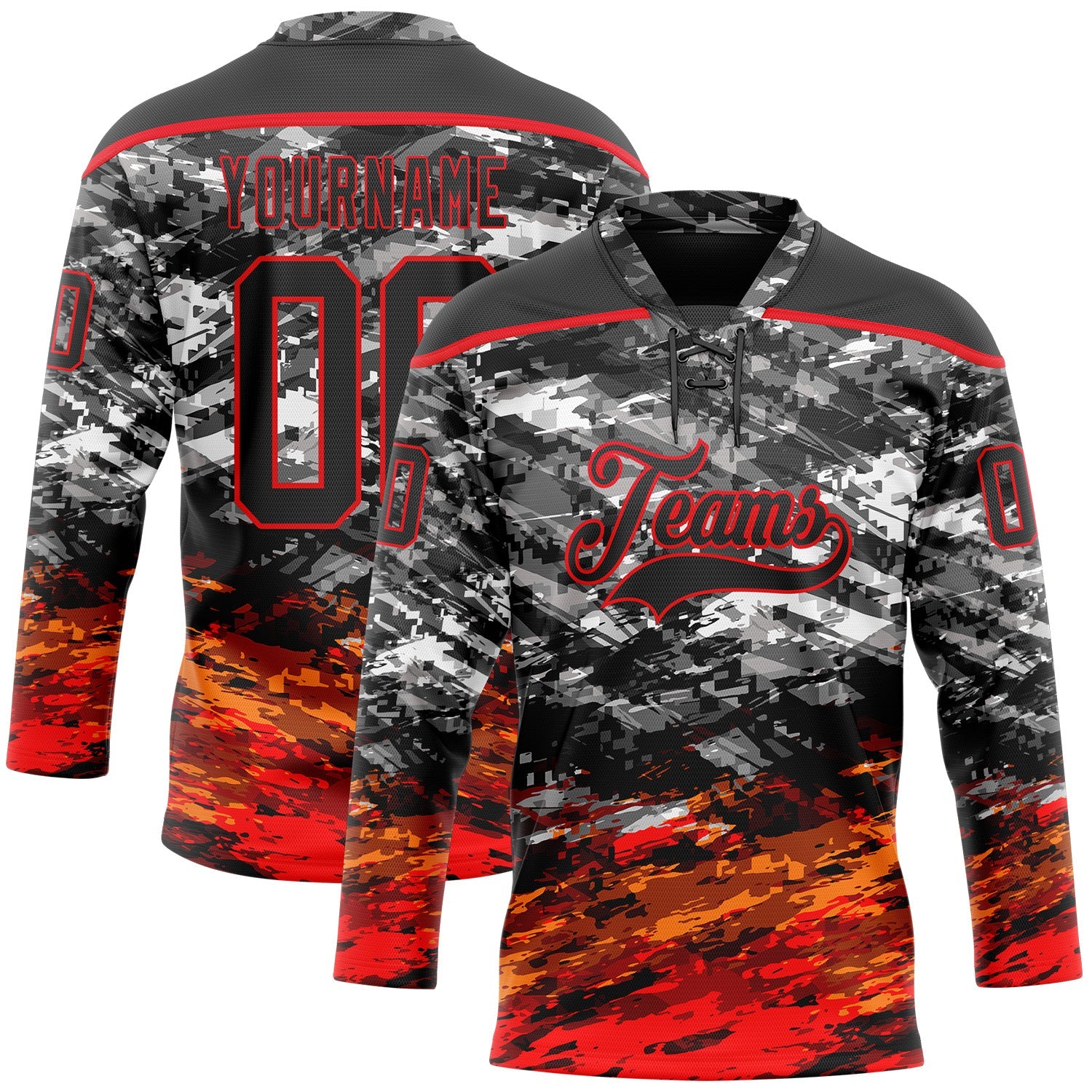 Custom Camo Black-Fire Red 3D Camouflage Hockey Lace Neck Jersey