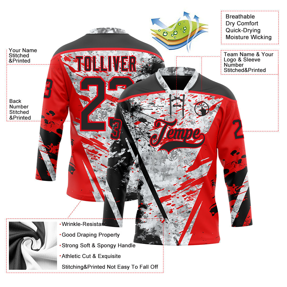 Custom Camo Black-Fire Red 3D Camouflage Grunge Hockey Lace Neck Jersey
