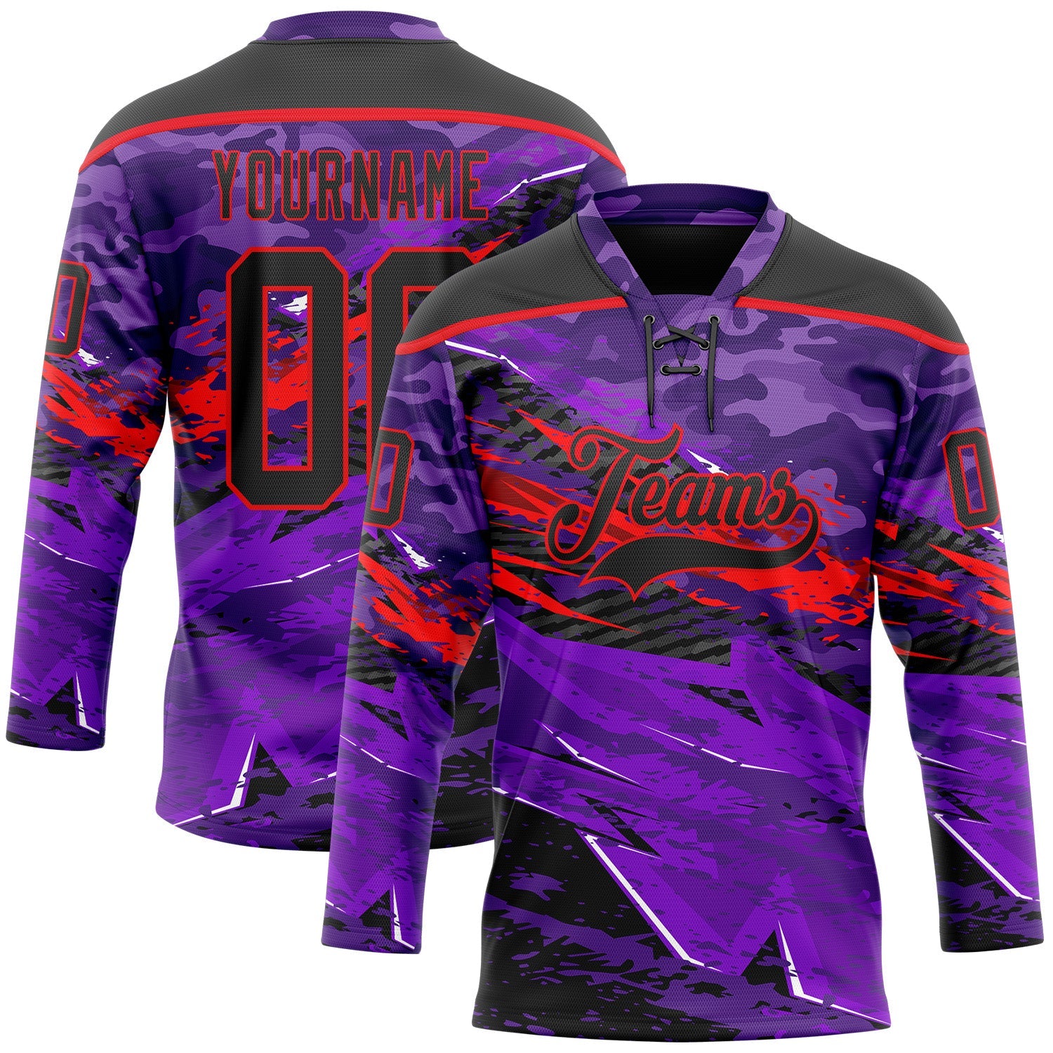 Custom Camo Black Purple-Fire Red 3D Camouflage Grunge Hockey Lace Neck Jersey