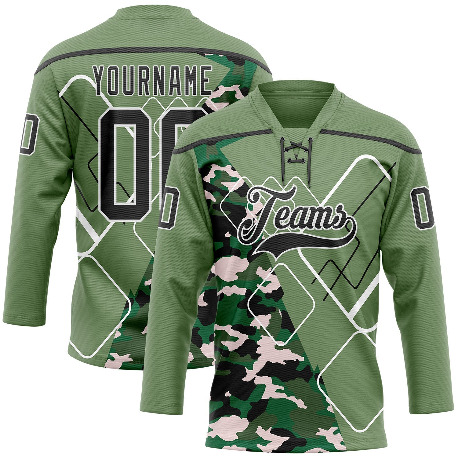 Custom Camo Black Green-White 3D Camouflage Geometric Hockey Lace Neck Jersey