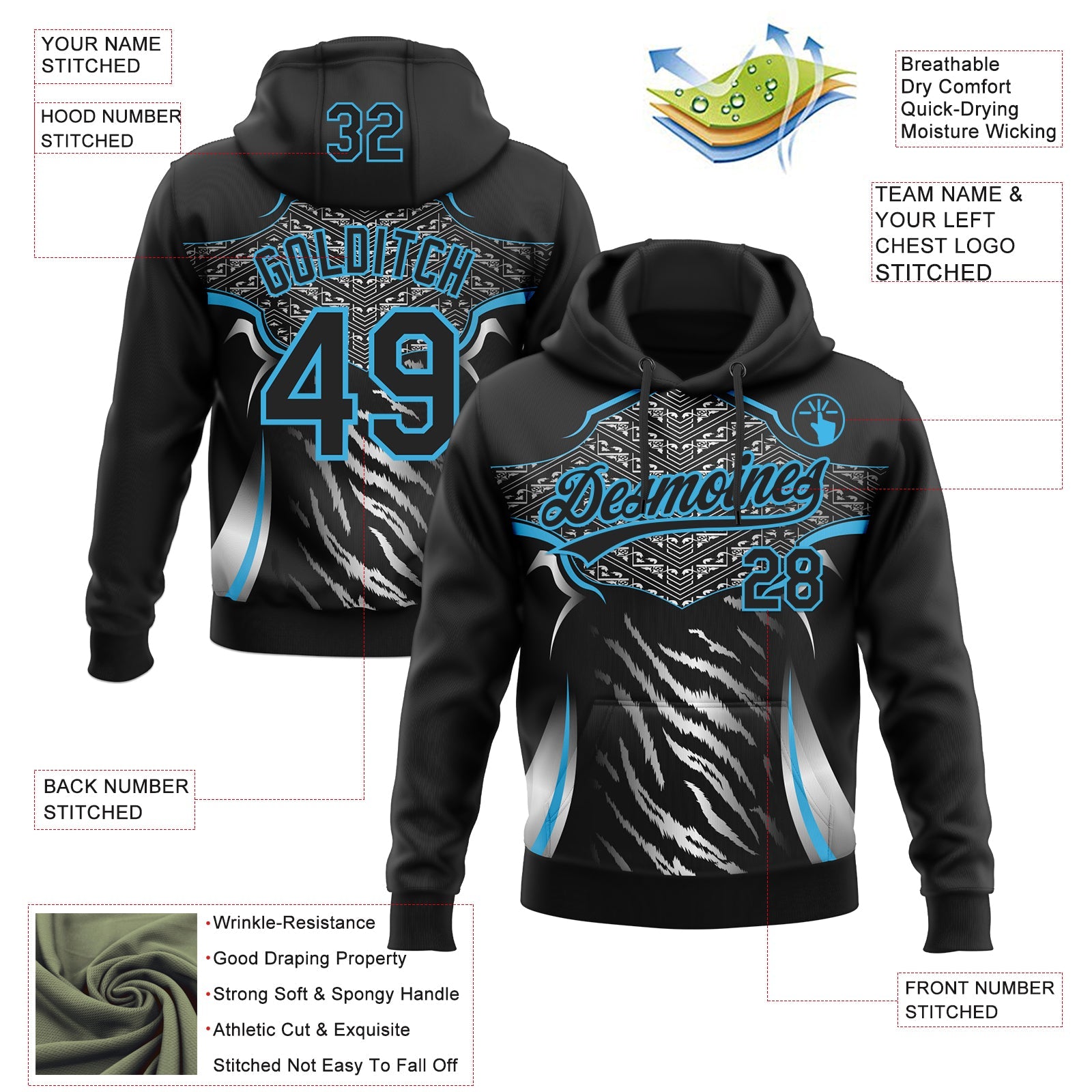 Custom Stitched Black Sky Blue-White 3D Pattern Design E-sports Pullover Sweatshirt Hoodie