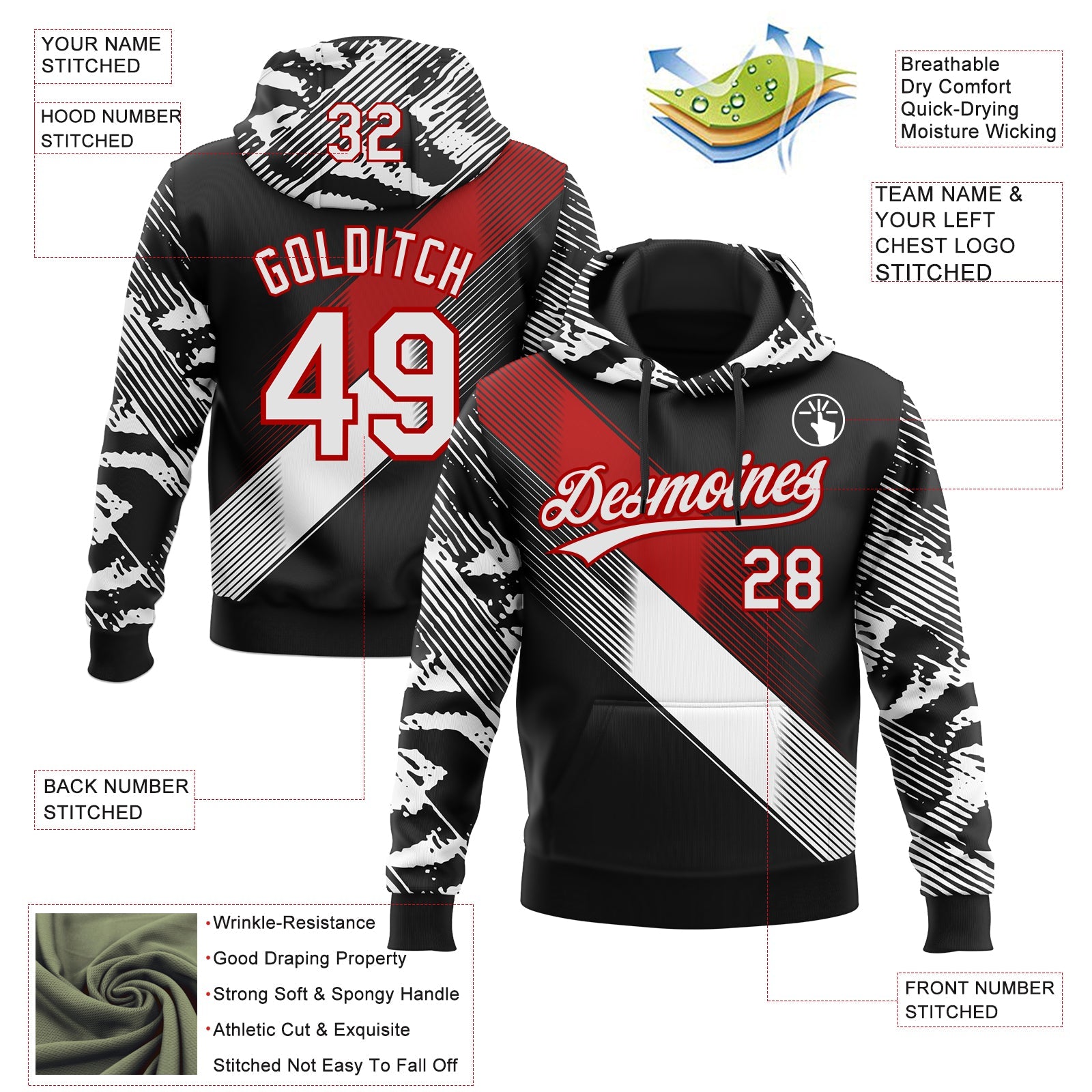 Custom Stitched Black White-Red 3D Pattern Design E-sports Pullover Sweatshirt Hoodie