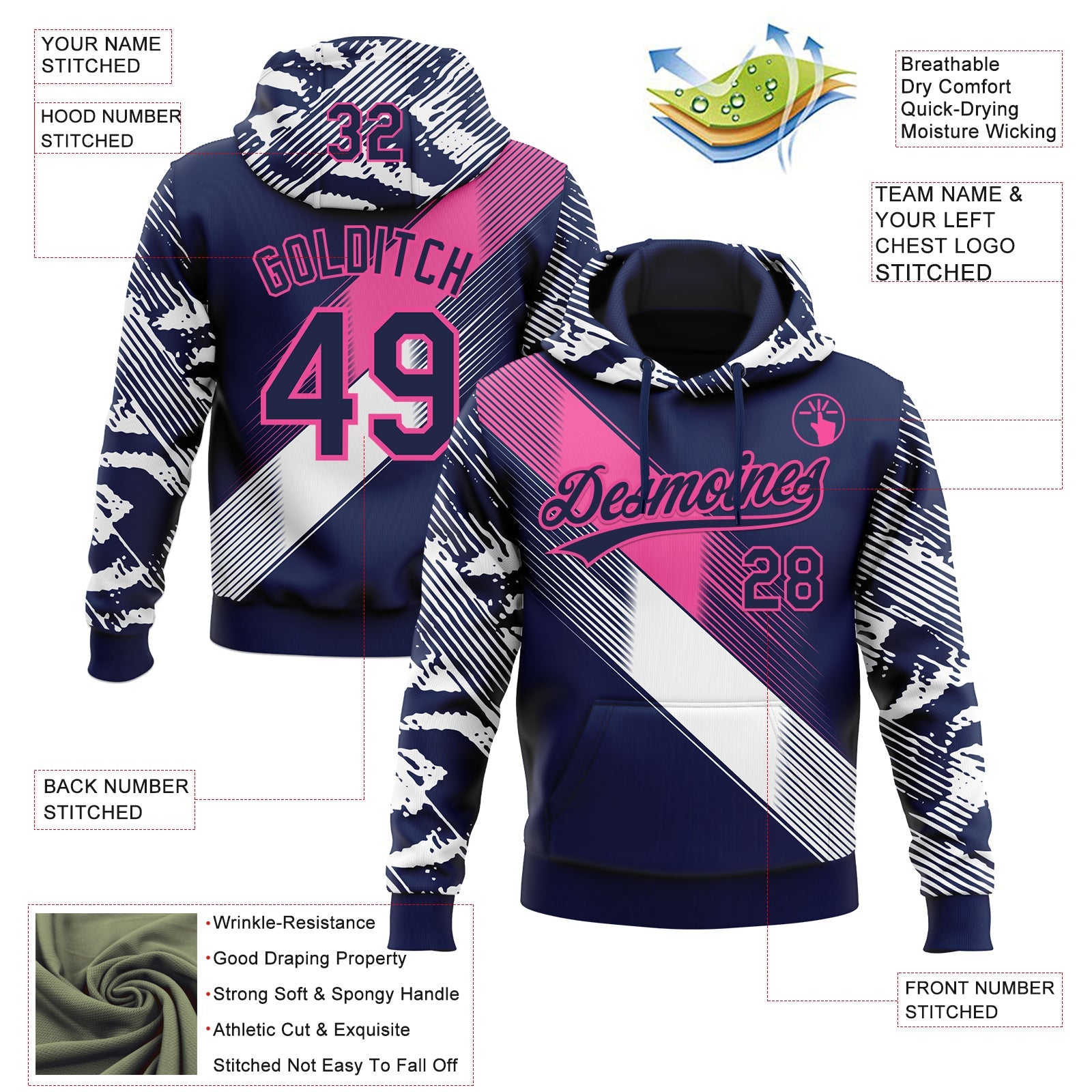 Custom Stitched Navy Pink-White 3D Pattern Design E-sports Pullover Sweatshirt Hoodie