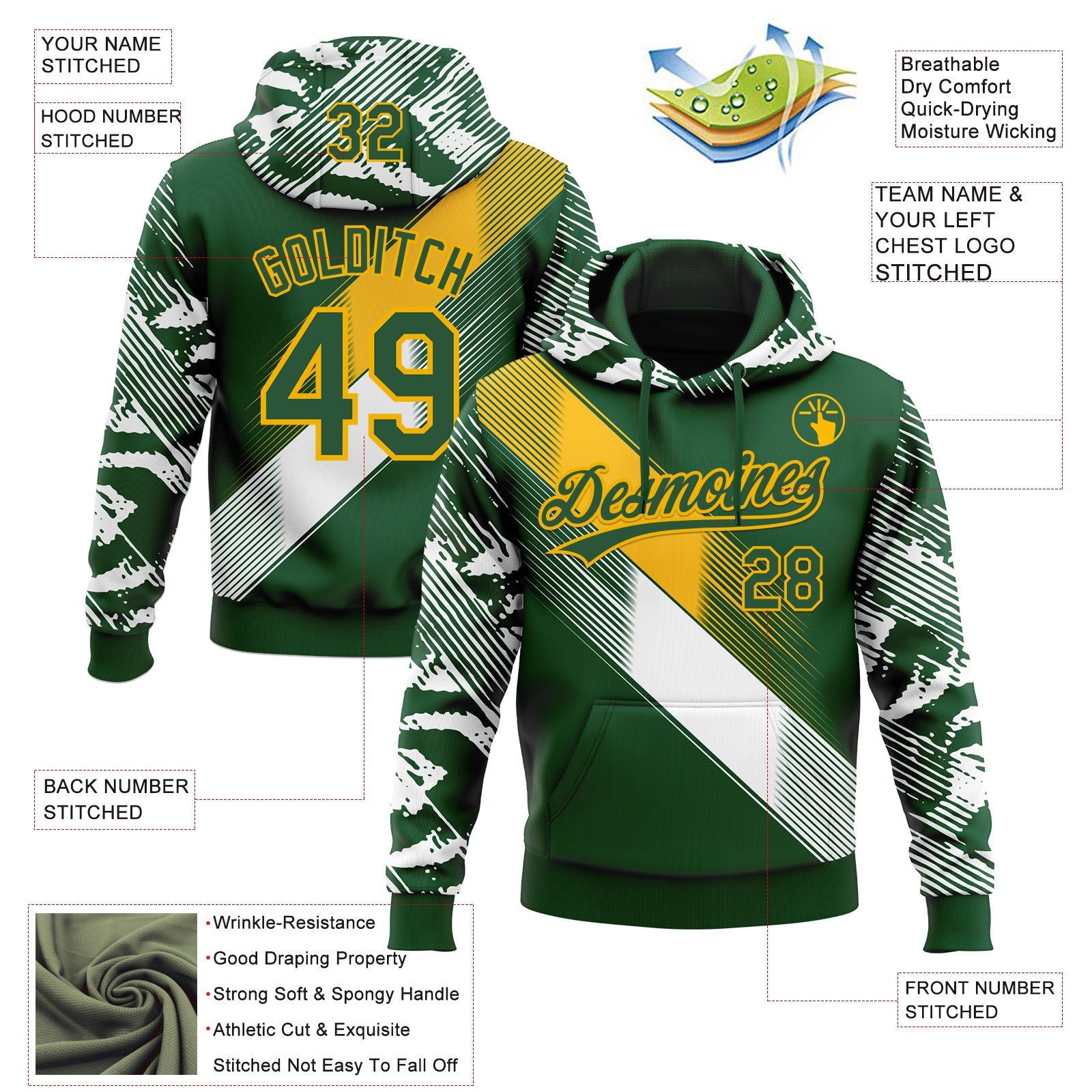 Custom Stitched Green Gold-White 3D Pattern Design E-sports Pullover Sweatshirt Hoodie