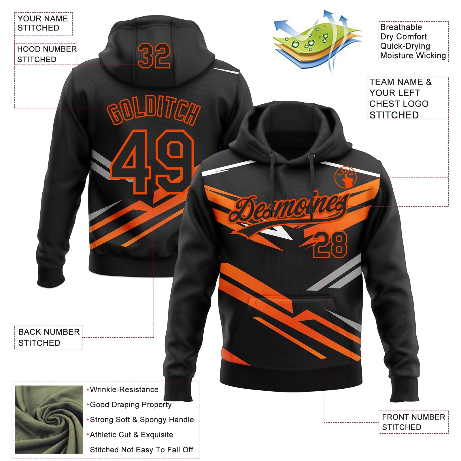 Custom Stitched Black Orange-White 3D Pattern Design E-sports Pullover Sweatshirt Hoodie