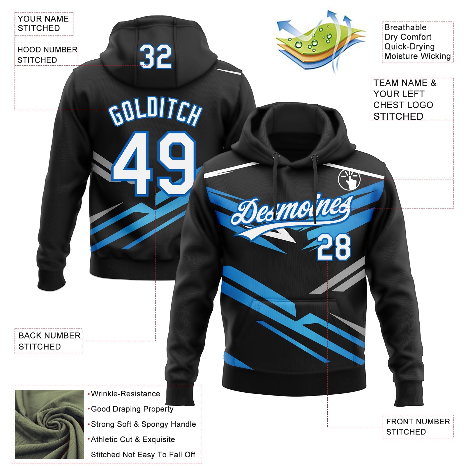 Custom Stitched Black White-Sky Blue 3D Pattern Design E-sports Pullover Sweatshirt Hoodie