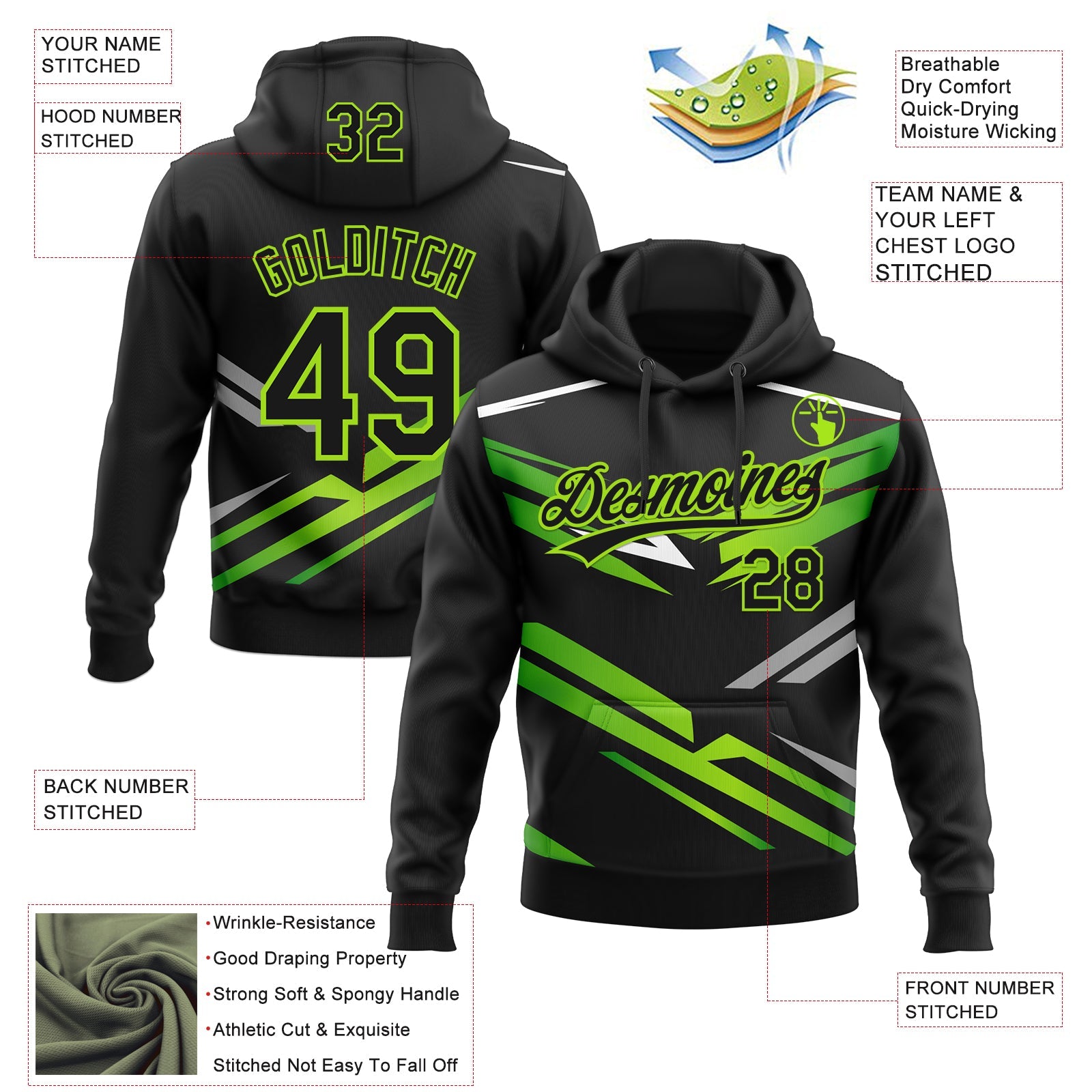 Custom Stitched Black Neon Green-White 3D Pattern Design E-sports Pullover Sweatshirt Hoodie