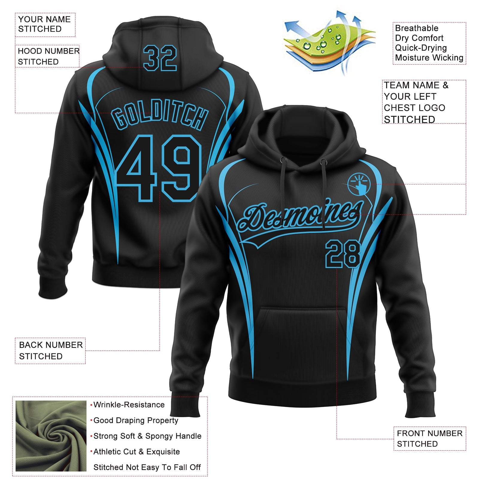 Custom Stitched Black Sky Blue 3D Pattern Design E-sports Pullover Sweatshirt Hoodie