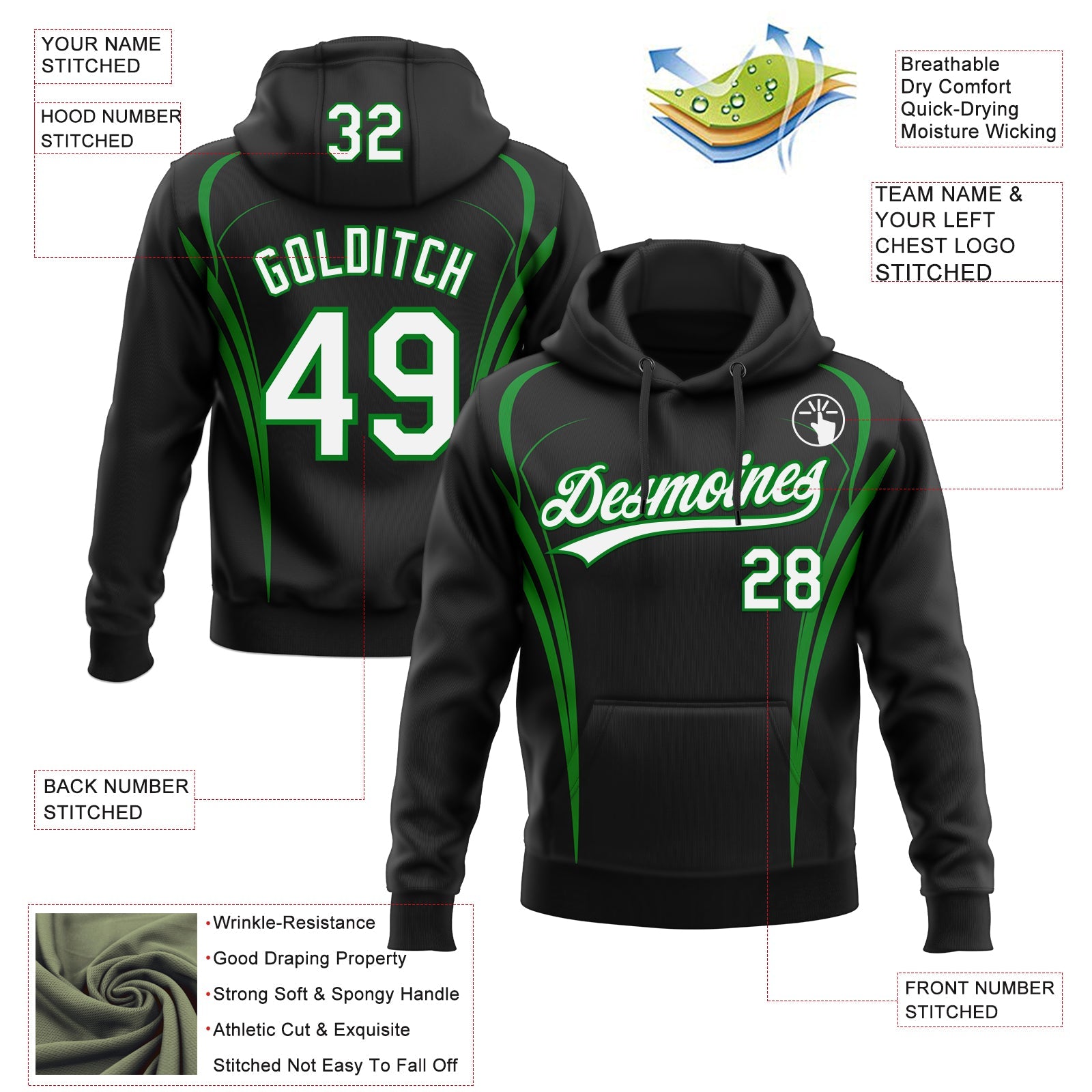 Custom Stitched Black White-Grass Green 3D Pattern Design E-sports Pullover Sweatshirt Hoodie