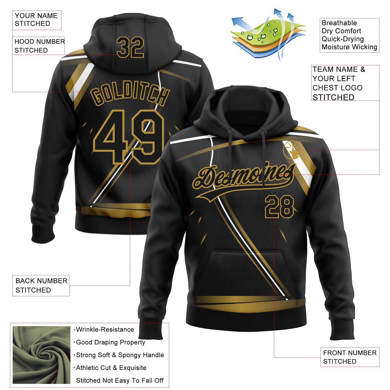Custom Stitched Black Old Gold-White 3D Pattern Design E-sports Pullover Sweatshirt Hoodie