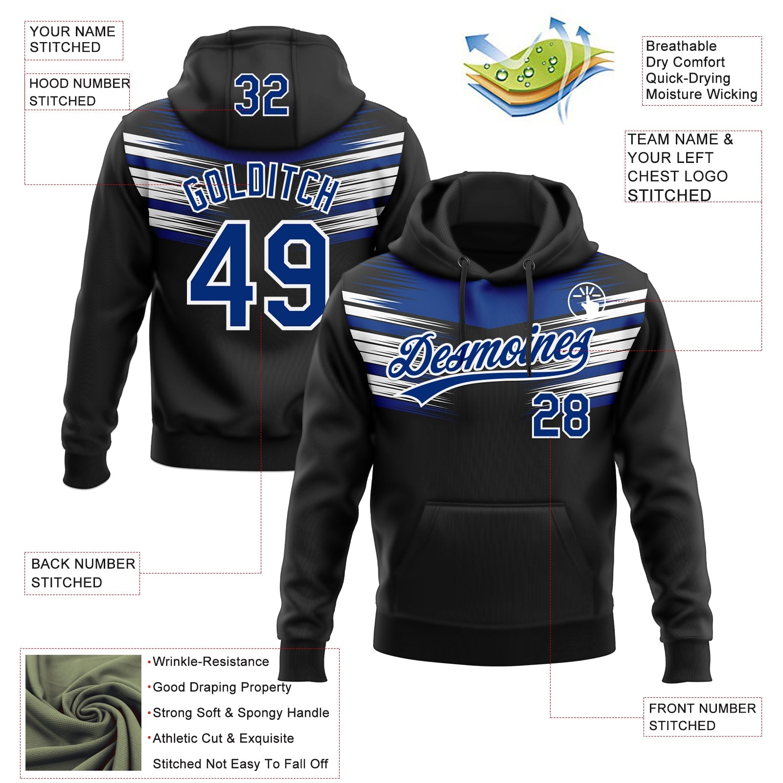 Custom Stitched Black Royal-White 3D Pattern Design E-sports Pullover Sweatshirt Hoodie