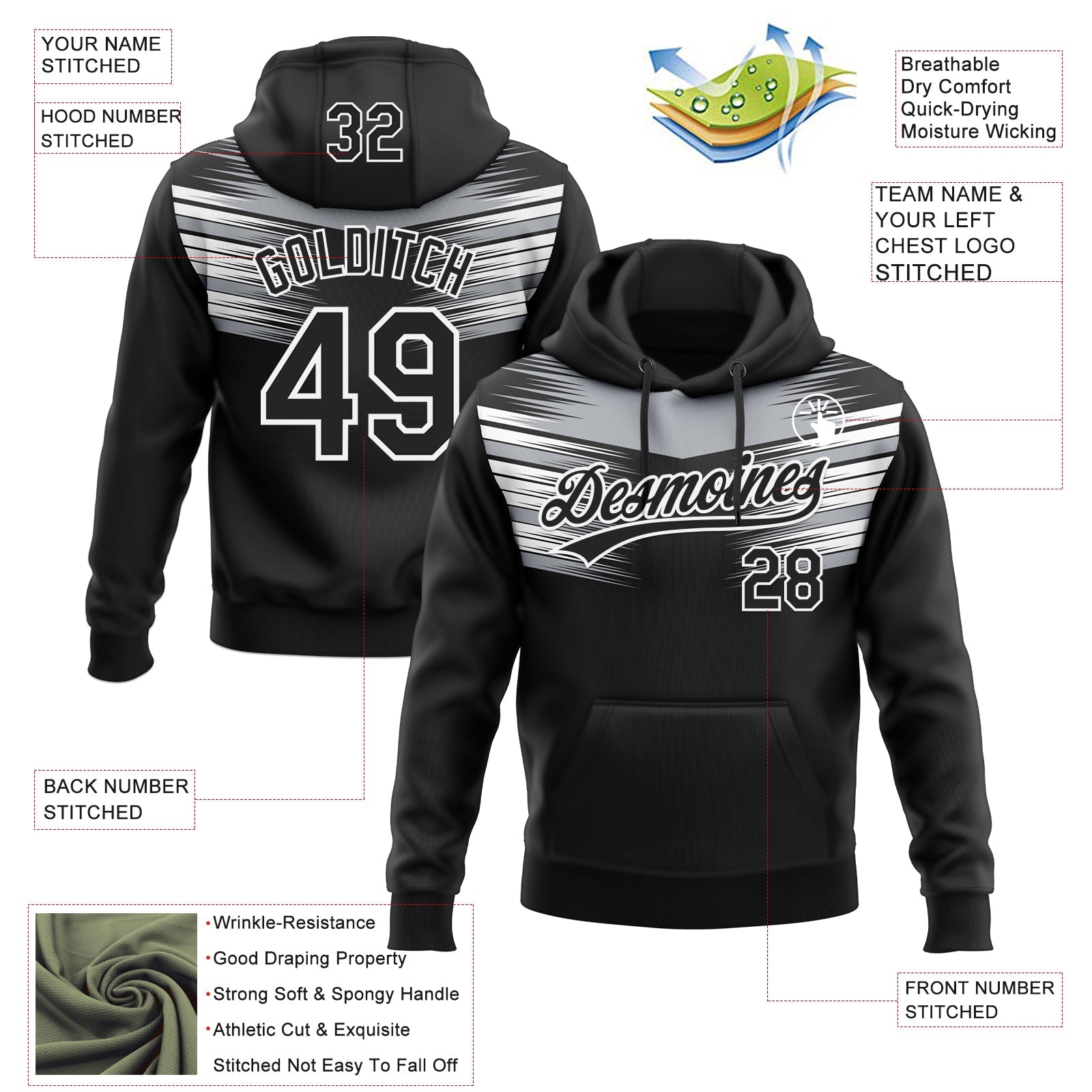 Custom Stitched Black Gray-White 3D Pattern Design E-sports Pullover Sweatshirt Hoodie