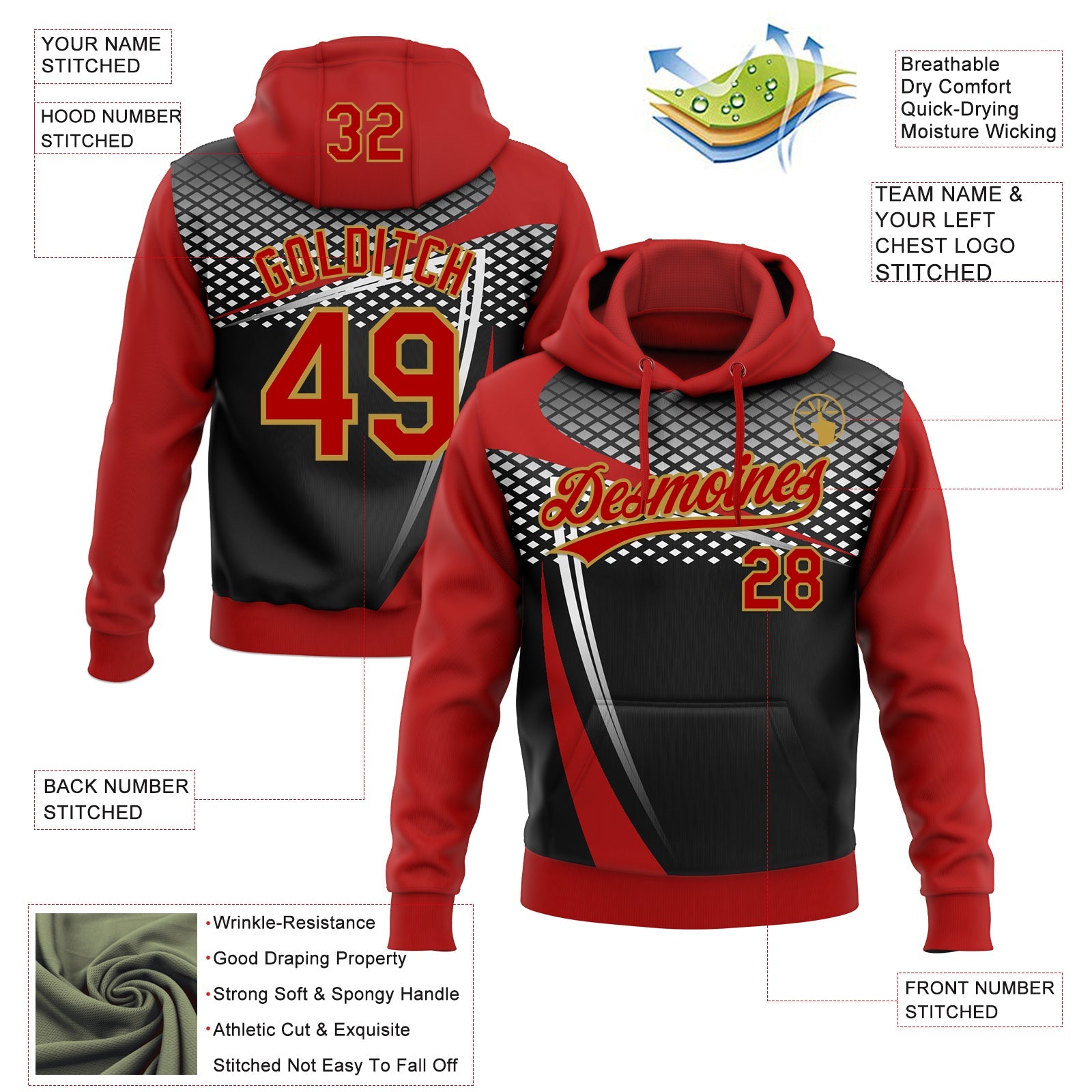 Custom Stitched Red Black Old Gold-White 3D Pattern Design E-sports Pullover Sweatshirt Hoodie
