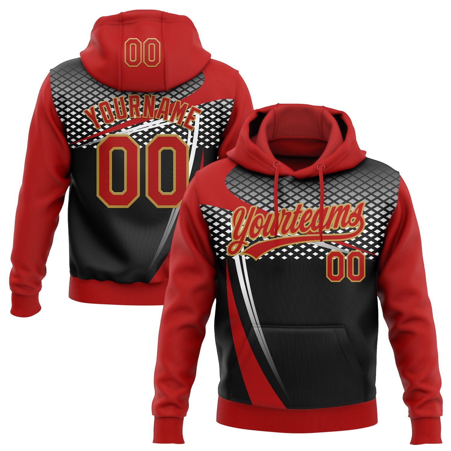 Custom Stitched Red Black Old Gold-White 3D Pattern Design E-sports Pullover Sweatshirt Hoodie