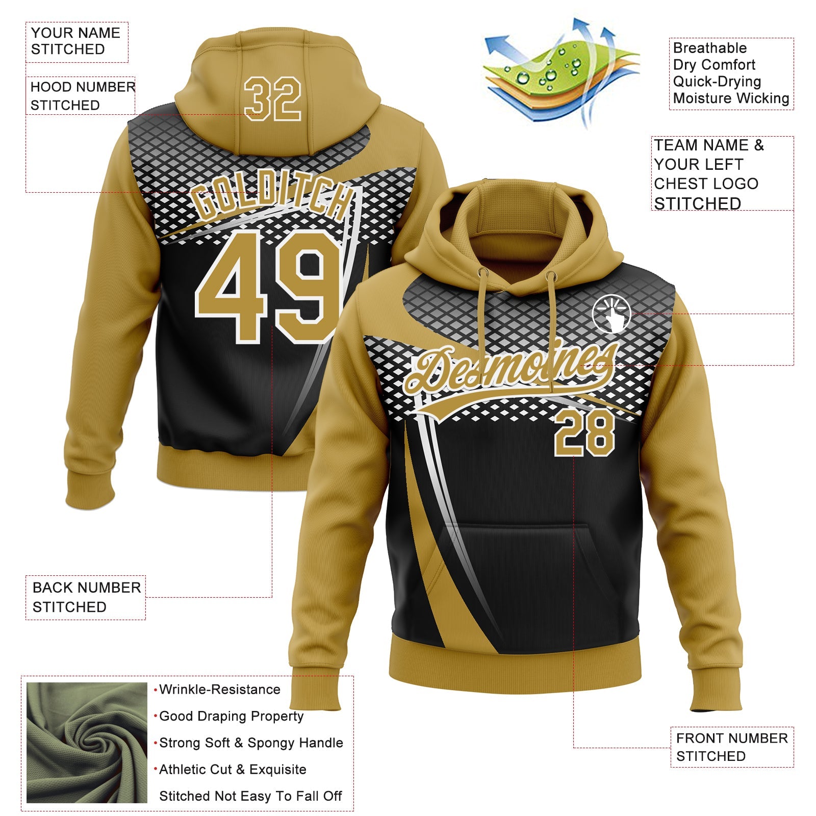 Custom Stitched Old Gold Black-White 3D Pattern Design E-sports Pullover Sweatshirt Hoodie
