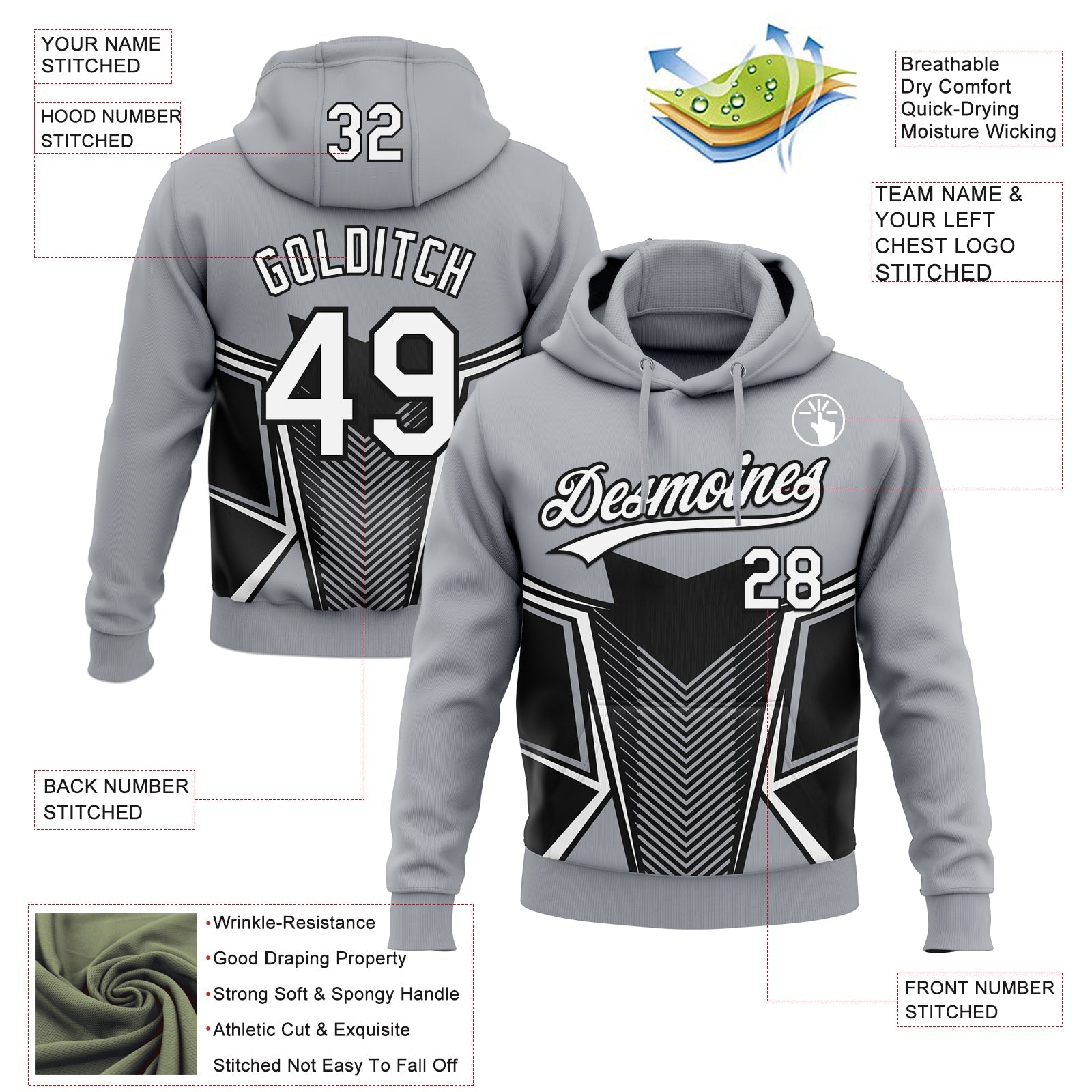 Custom Stitched Gray White-Black 3D Pattern Design E-sports Pullover Sweatshirt Hoodie
