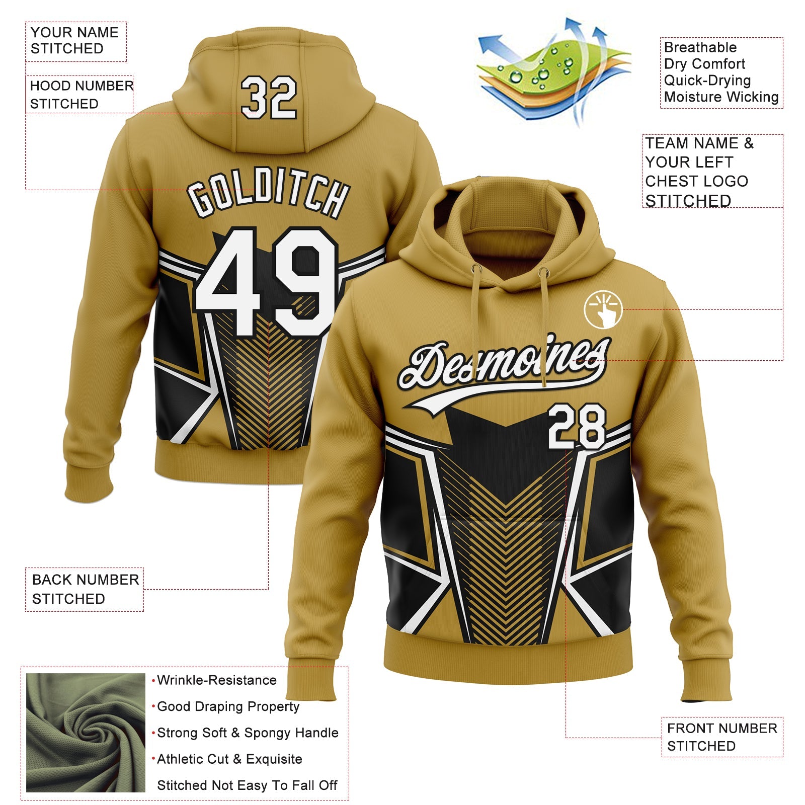 Custom Stitched Old Gold White-Black 3D Pattern Design E-sports Pullover Sweatshirt Hoodie