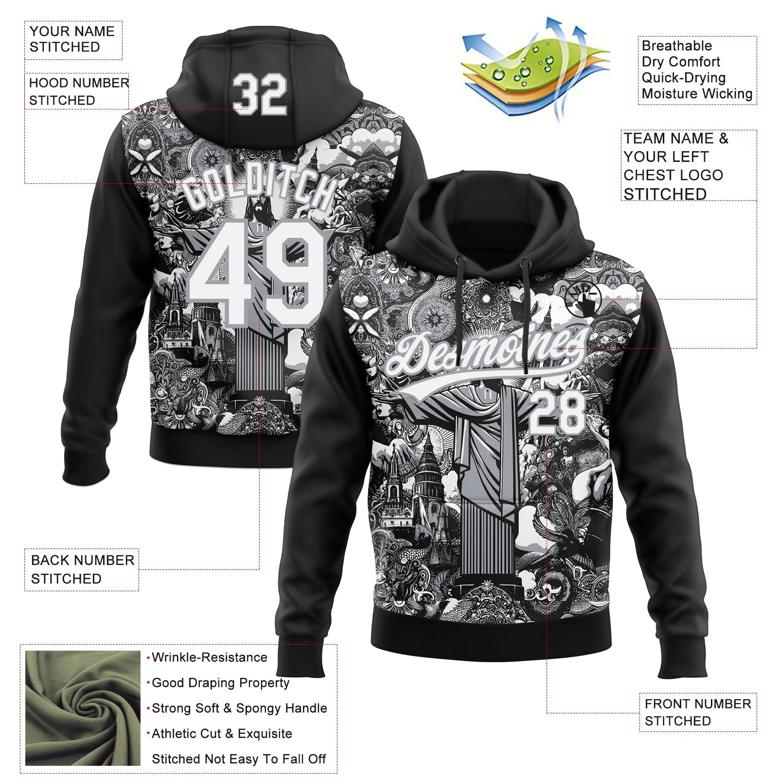 Custom Stitched Black White-Gray 3D Pattern Design Religion Jesus Christ Pullover Sweatshirt Hoodie