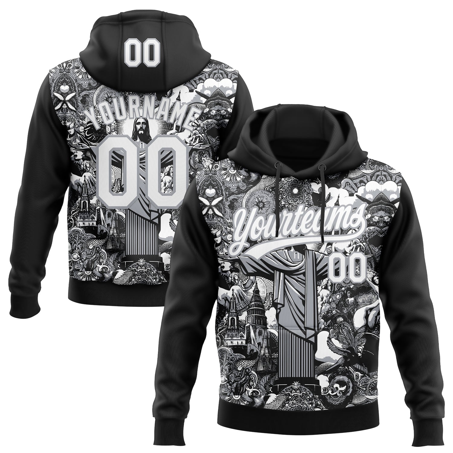 Custom Stitched Black White-Gray 3D Pattern Design Religion Jesus Christ Pullover Sweatshirt Hoodie