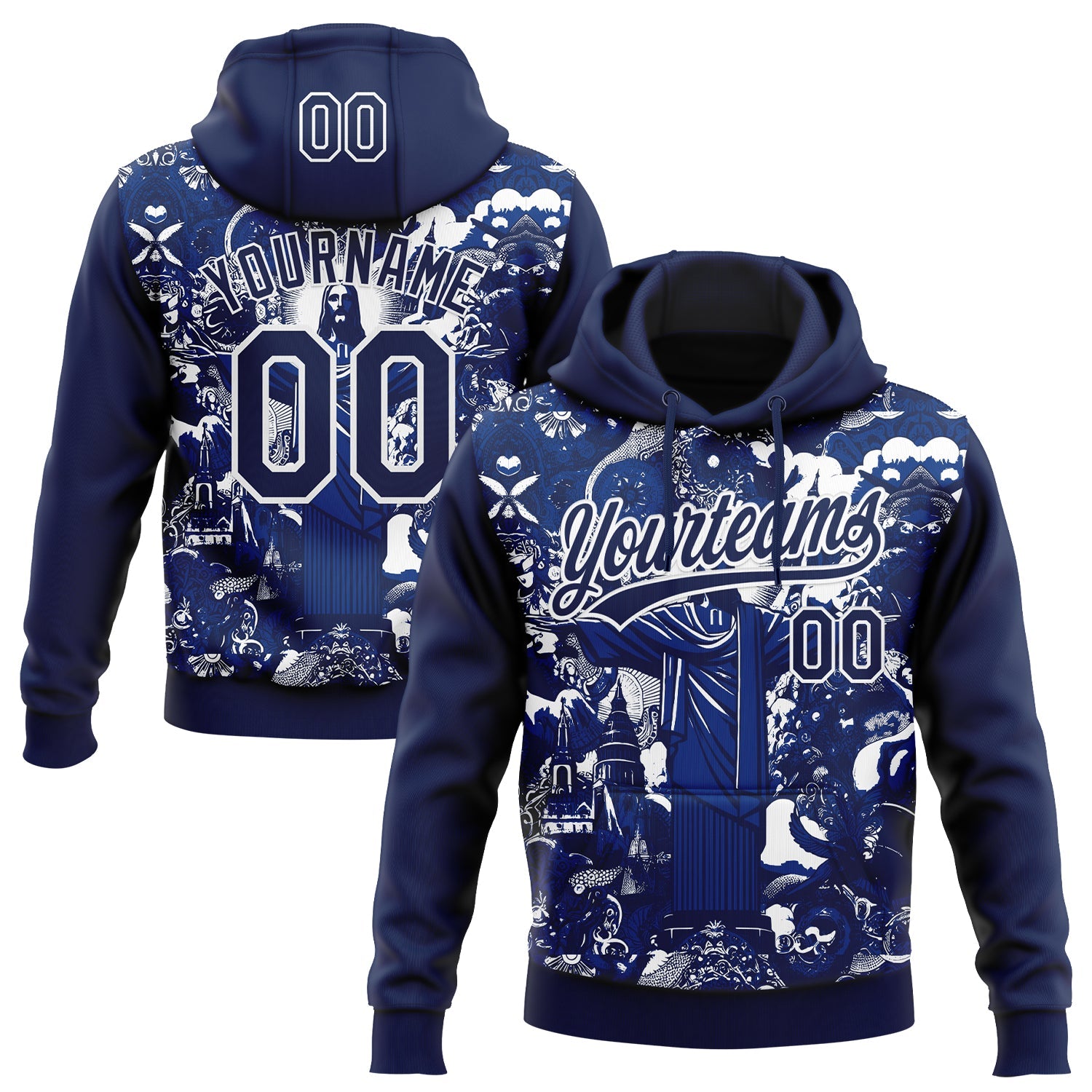 Custom Stitched Navy Royal-White 3D Pattern Design Religion Jesus Christ Pullover Sweatshirt Hoodie