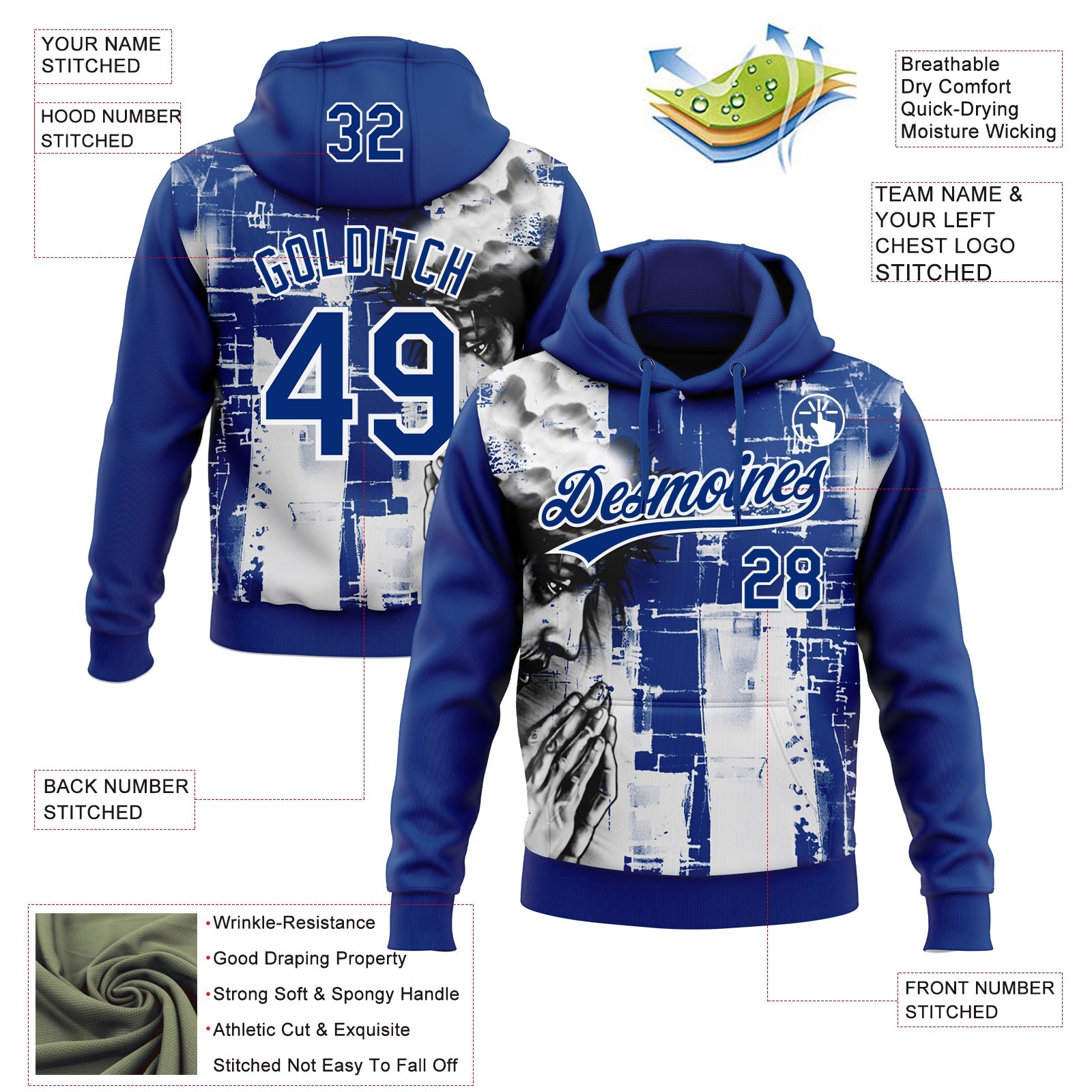 Custom Stitched Royal Black-White 3D Pattern Design Religion Jesus Christ Pullover Sweatshirt Hoodie