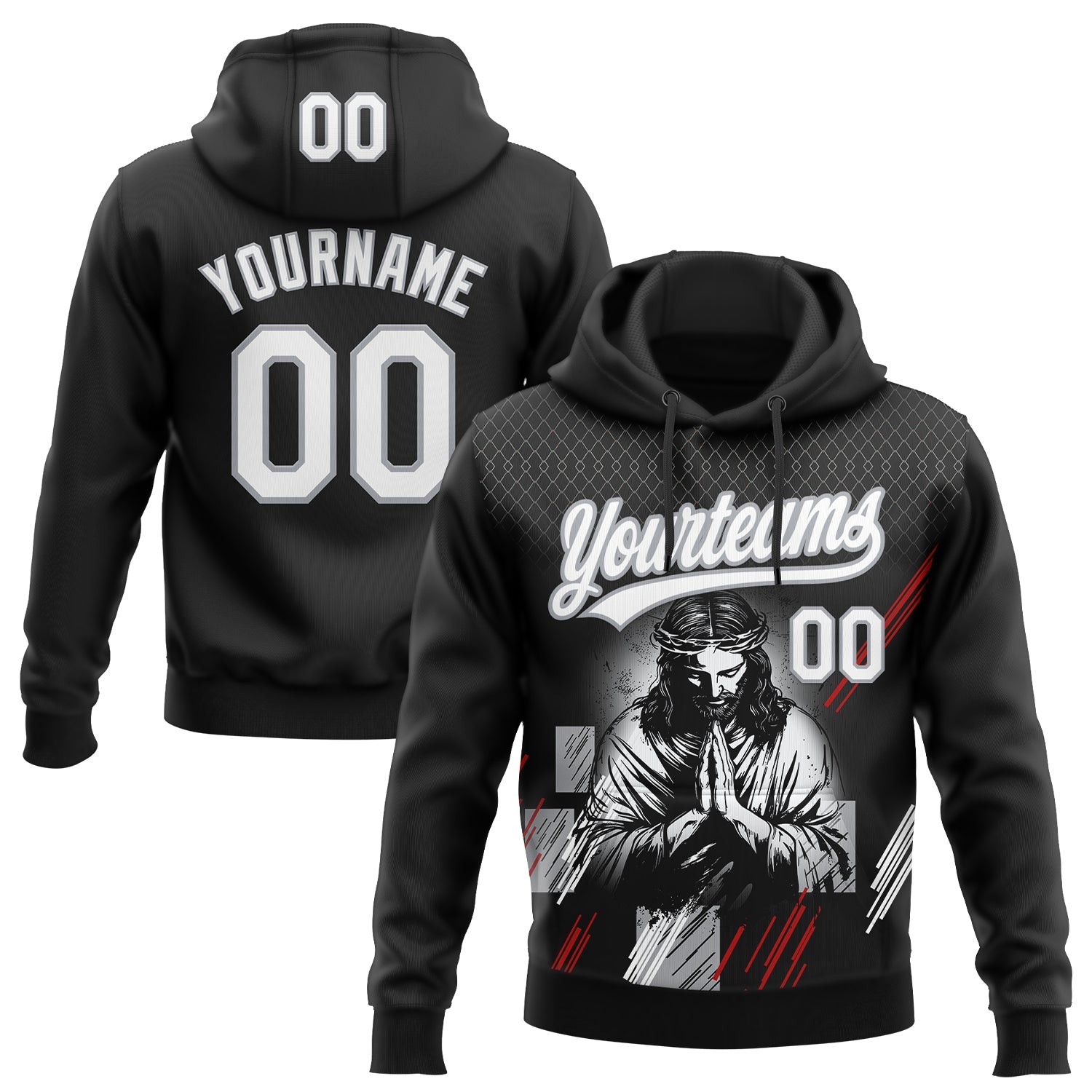 Custom Stitched Black White Gray-Red 3D Pattern Design Religion Jesus Christ Pullover Sweatshirt Hoodie