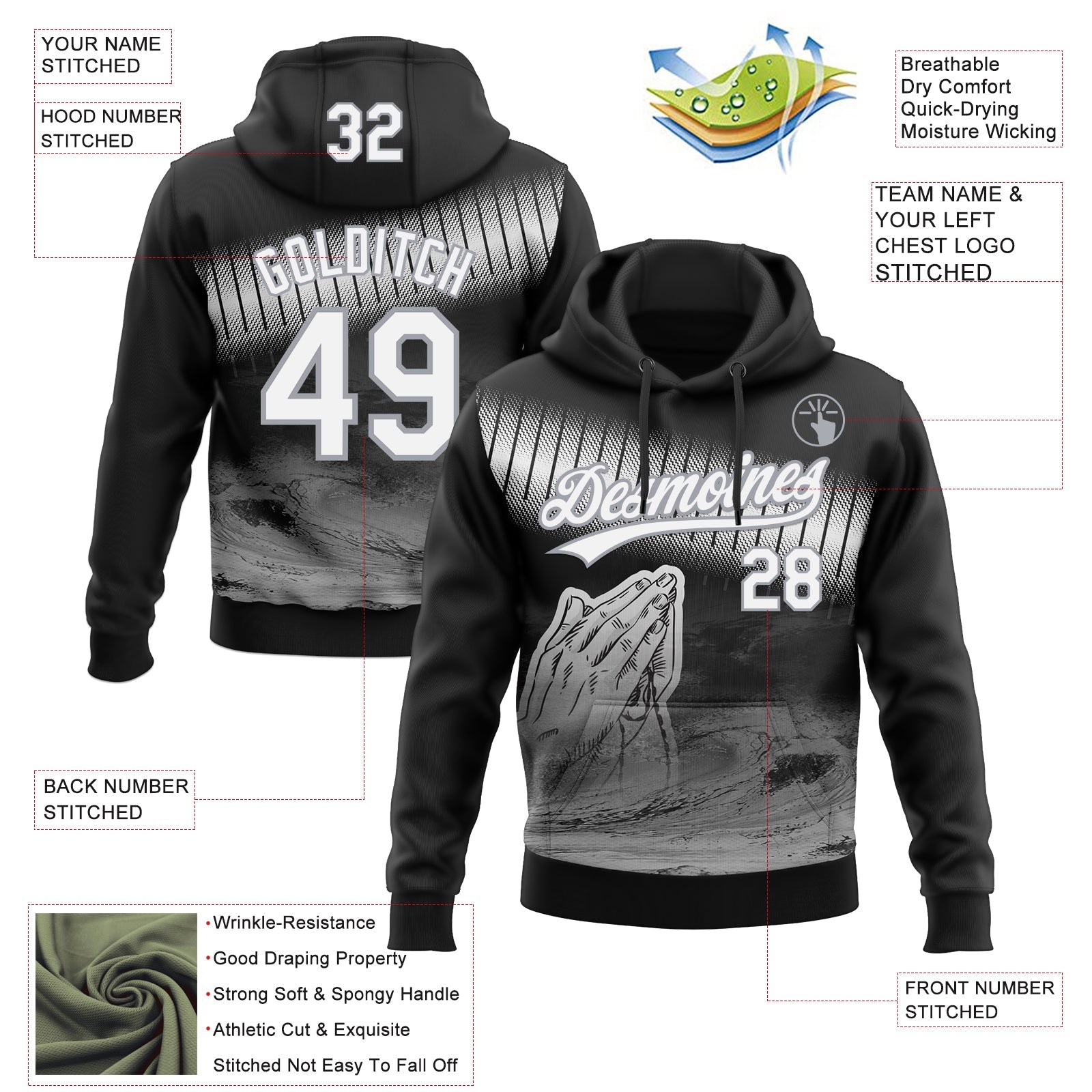 Custom Stitched Black White-Gray 3D Pattern Design Religion Praying Hands Pullover Sweatshirt Hoodie