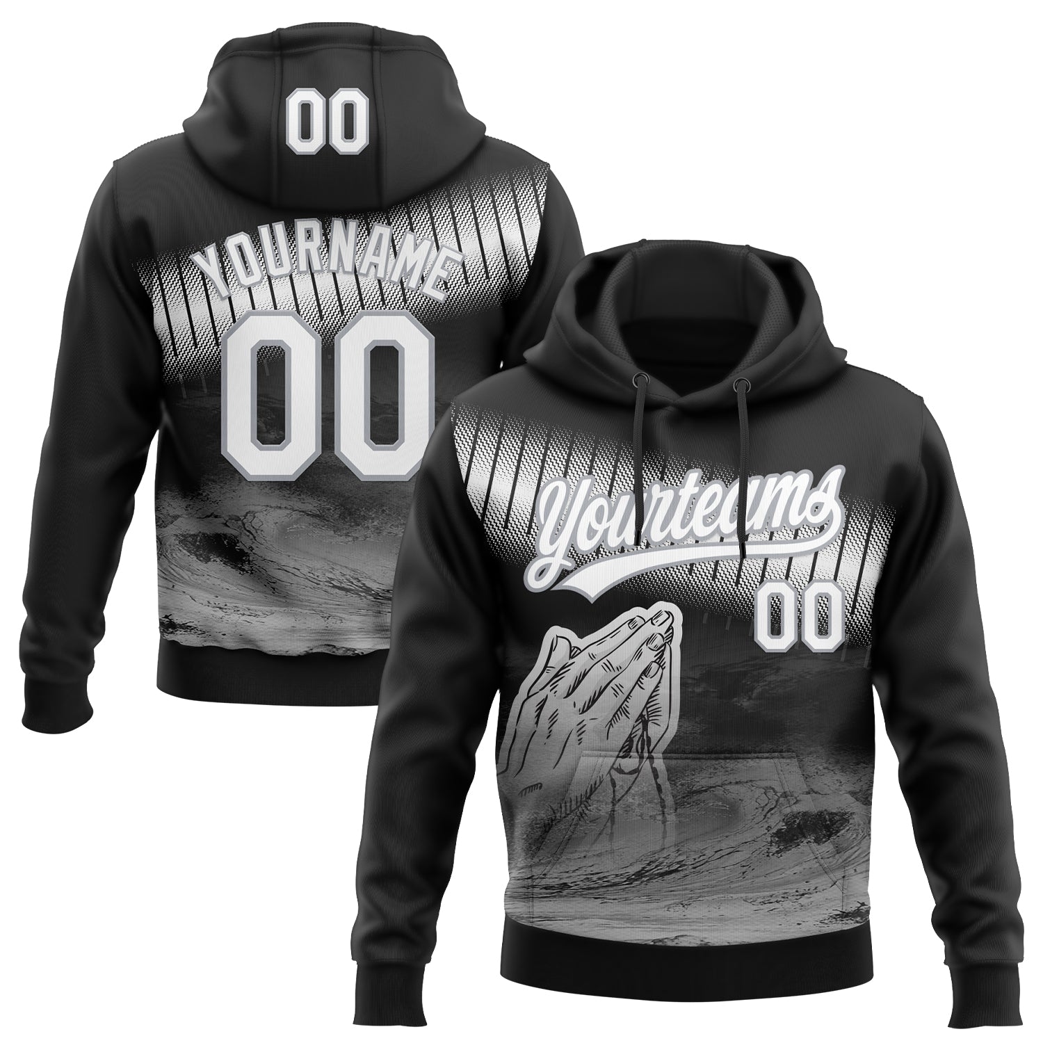 Custom Stitched Black White-Gray 3D Pattern Design Religion Praying Hands Pullover Sweatshirt Hoodie