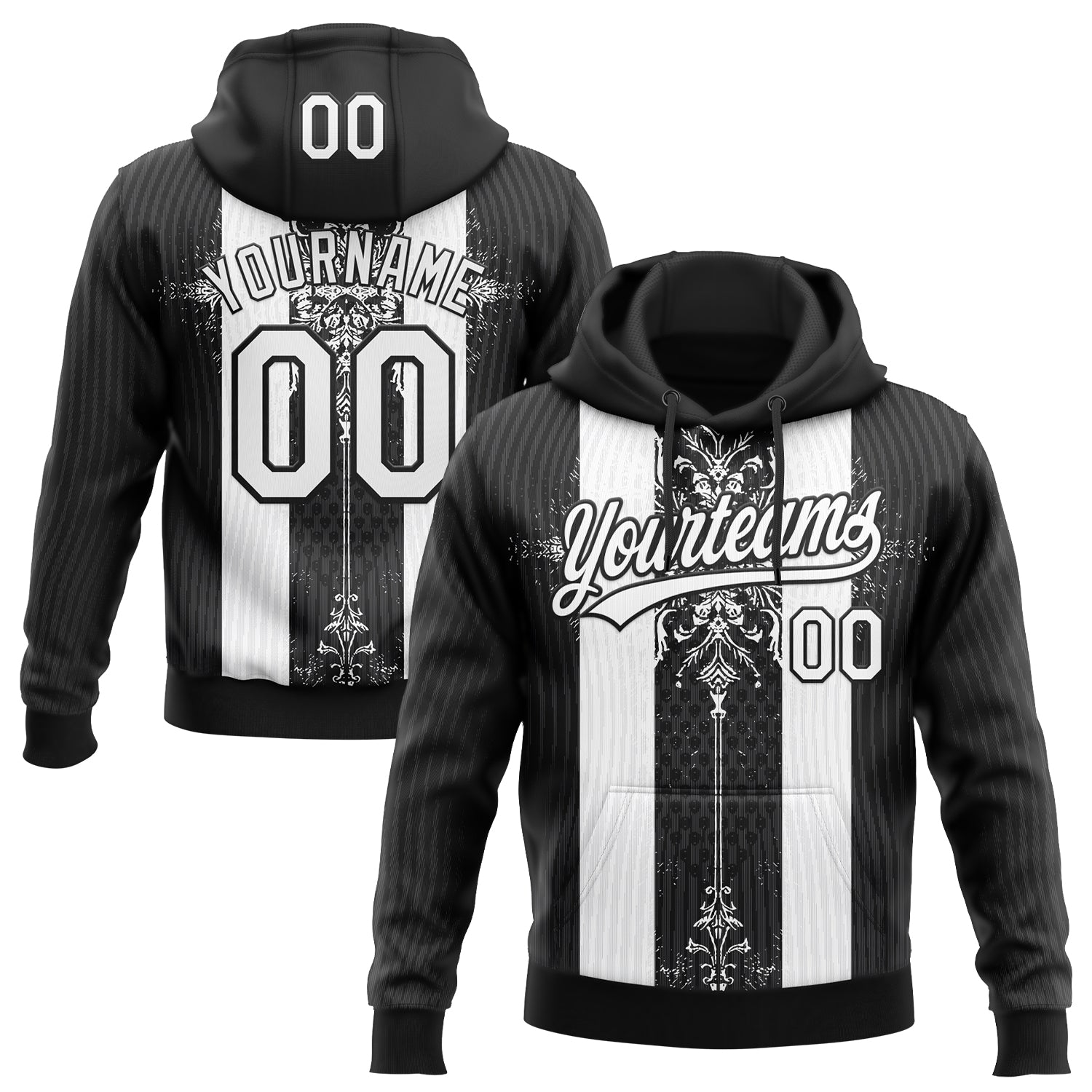 Custom Stitched Black White 3D Pattern Design Retro Medieval Pullover Sweatshirt Hoodie