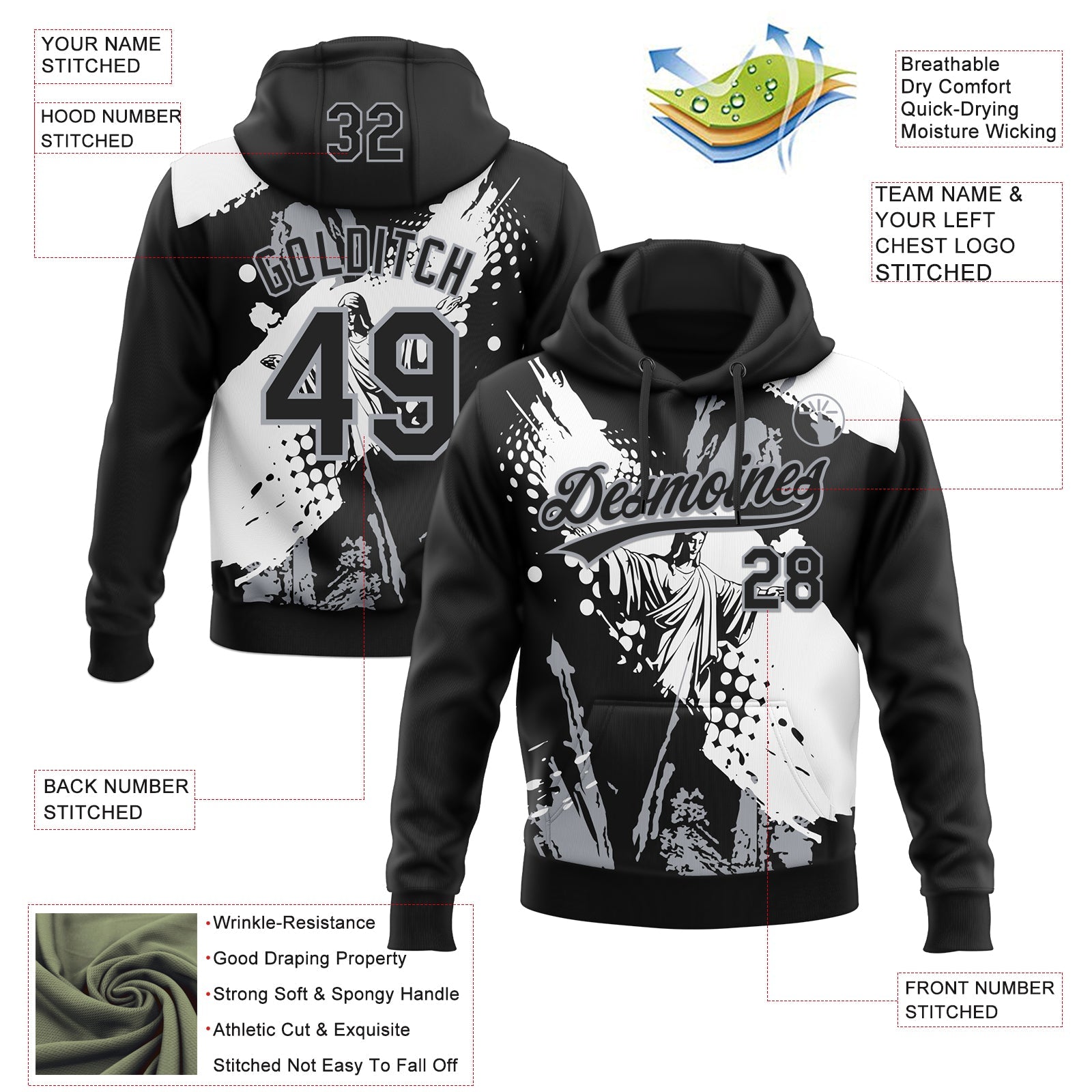 Custom Stitched Black White-Gray 3D Pattern Design Religion Jesus Christ Pullover Sweatshirt Hoodie