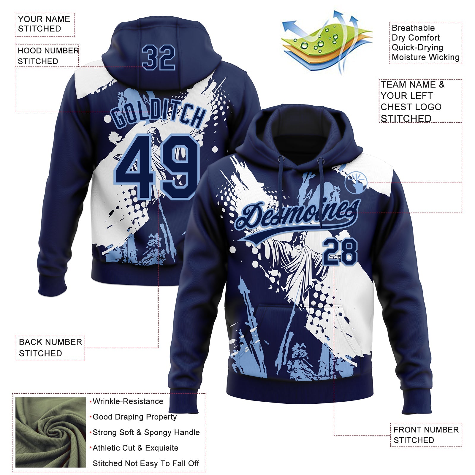 Custom Stitched Navy Light Blue-White 3D Pattern Design Religion Jesus Christ Pullover Sweatshirt Hoodie