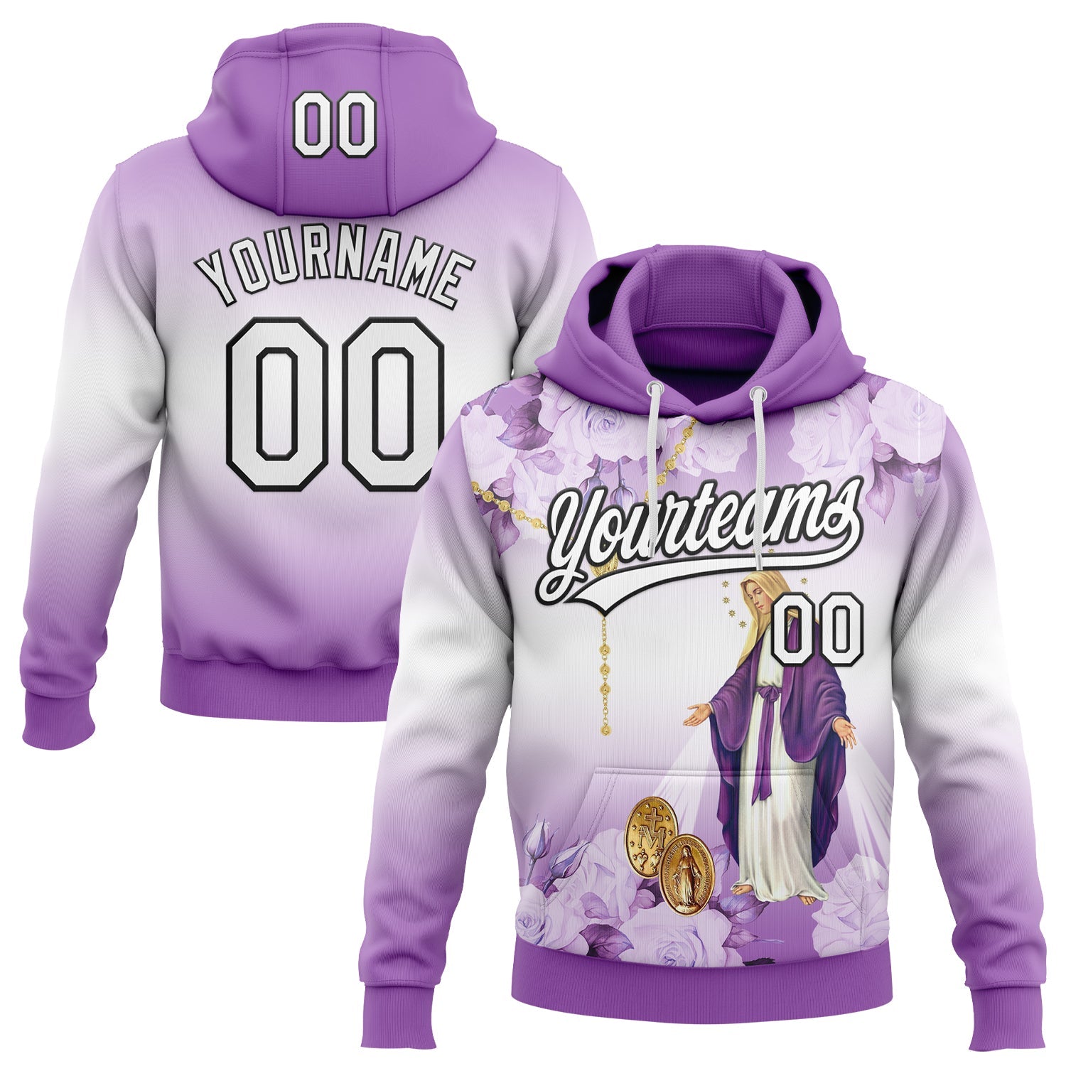 Custom Stitched Medium Purple White-Black 3D Pattern Design Religion The Virgin Mary Pullover Sweatshirt Hoodie