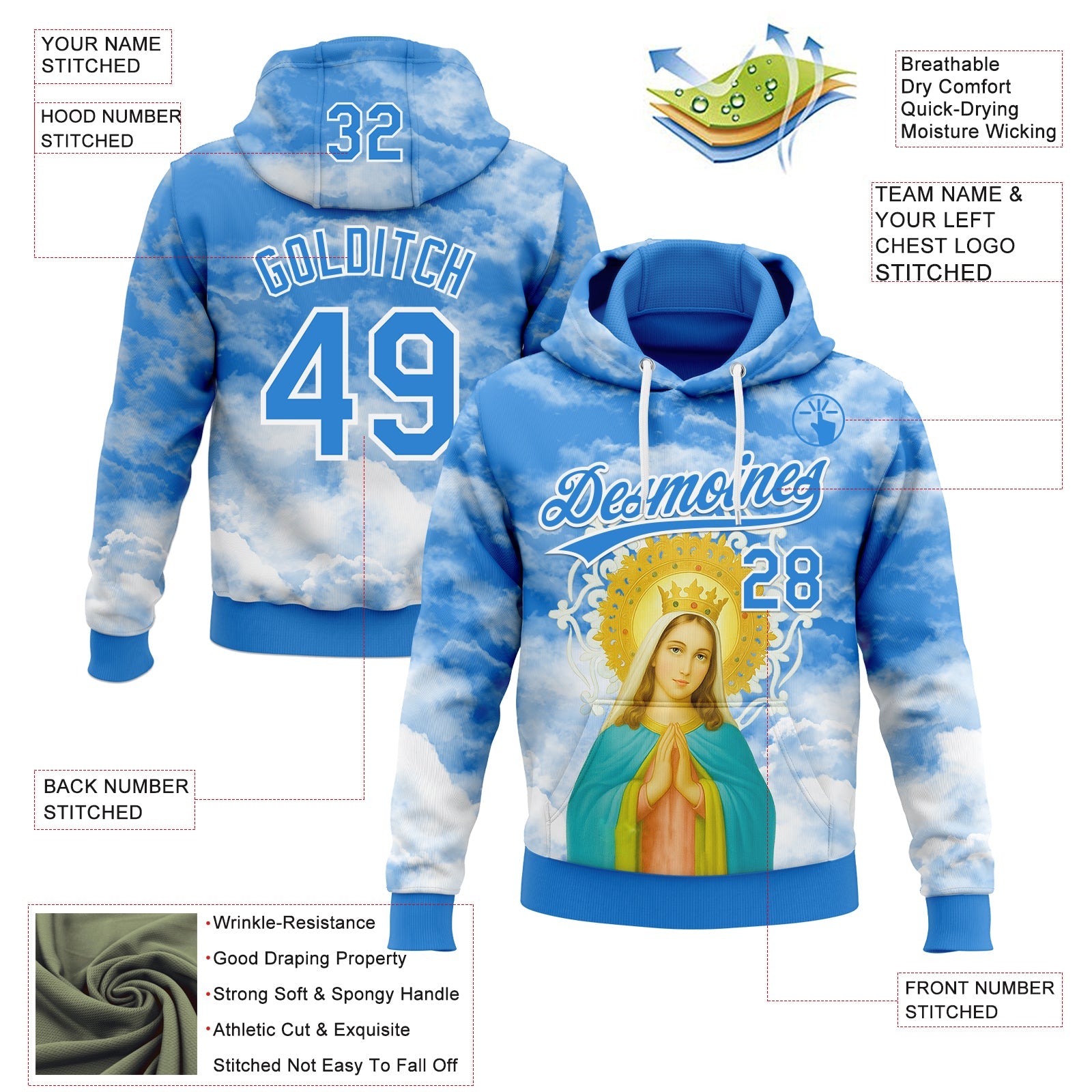 Custom Stitched Powder Blue White 3D Pattern Design Religion The Virgin Mary Pullover Sweatshirt Hoodie