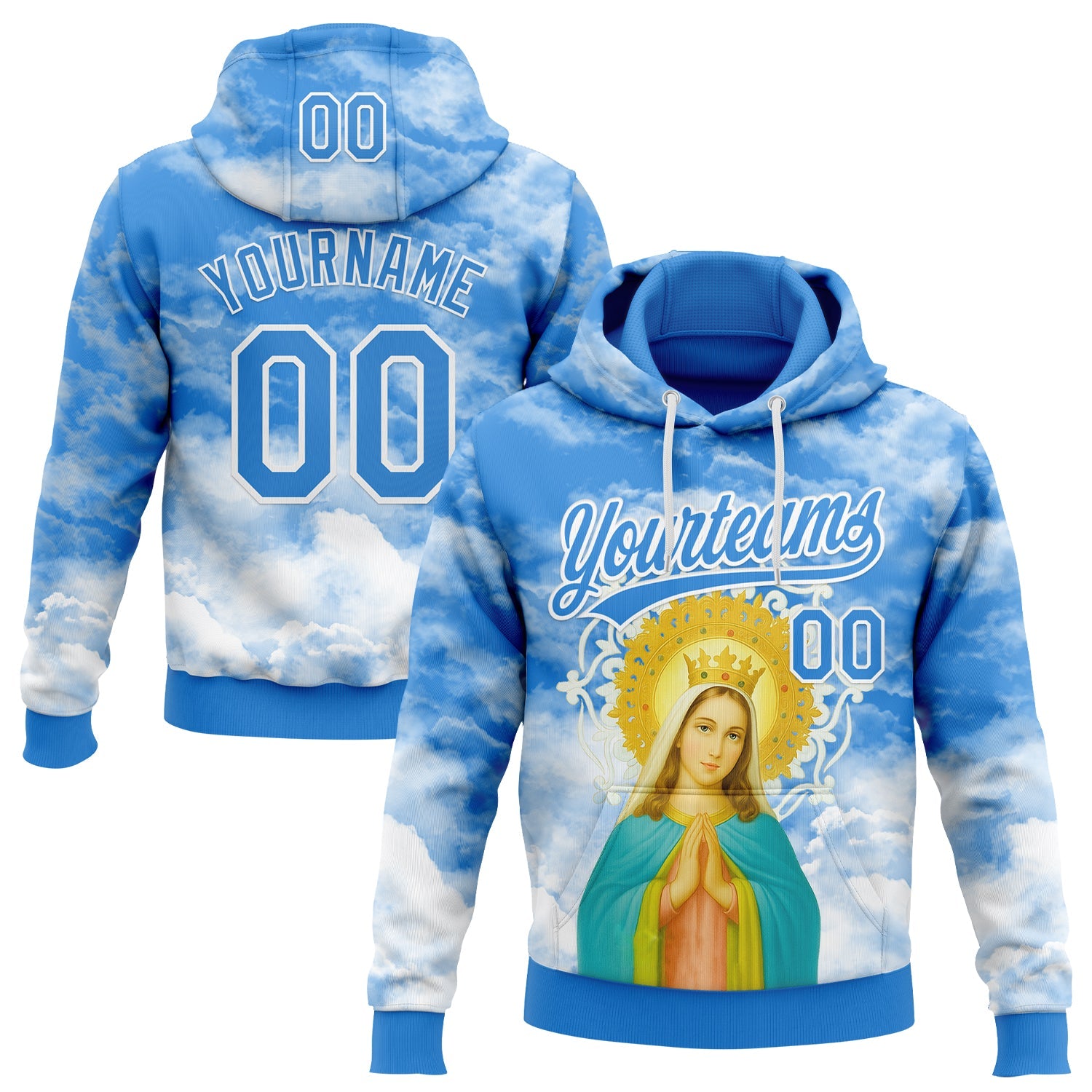 Custom Stitched Powder Blue White 3D Pattern Design Religion The Virgin Mary Pullover Sweatshirt Hoodie