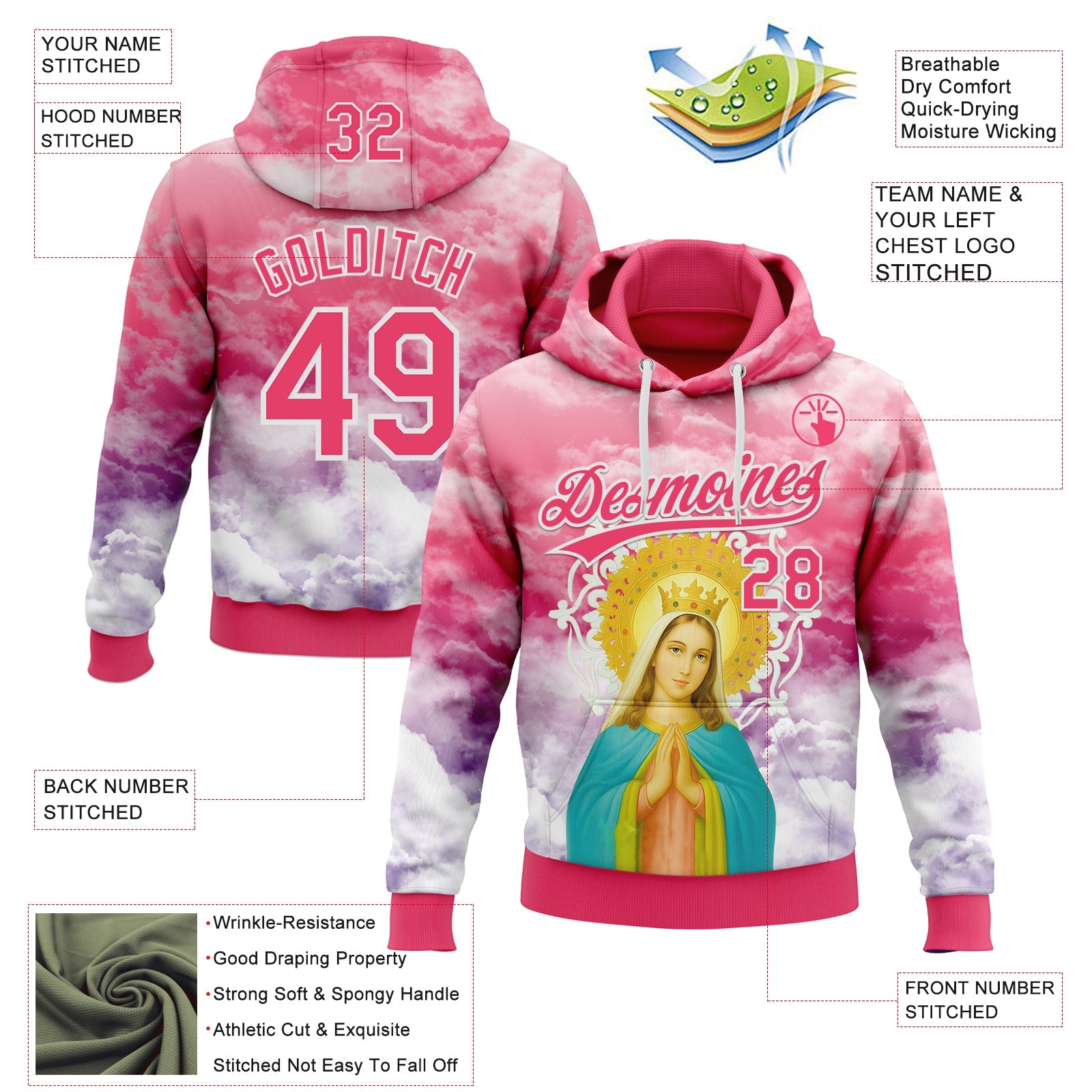 Custom Stitched Neon Pink Purple-White 3D Pattern Design Religion The Virgin Mary Pullover Sweatshirt Hoodie