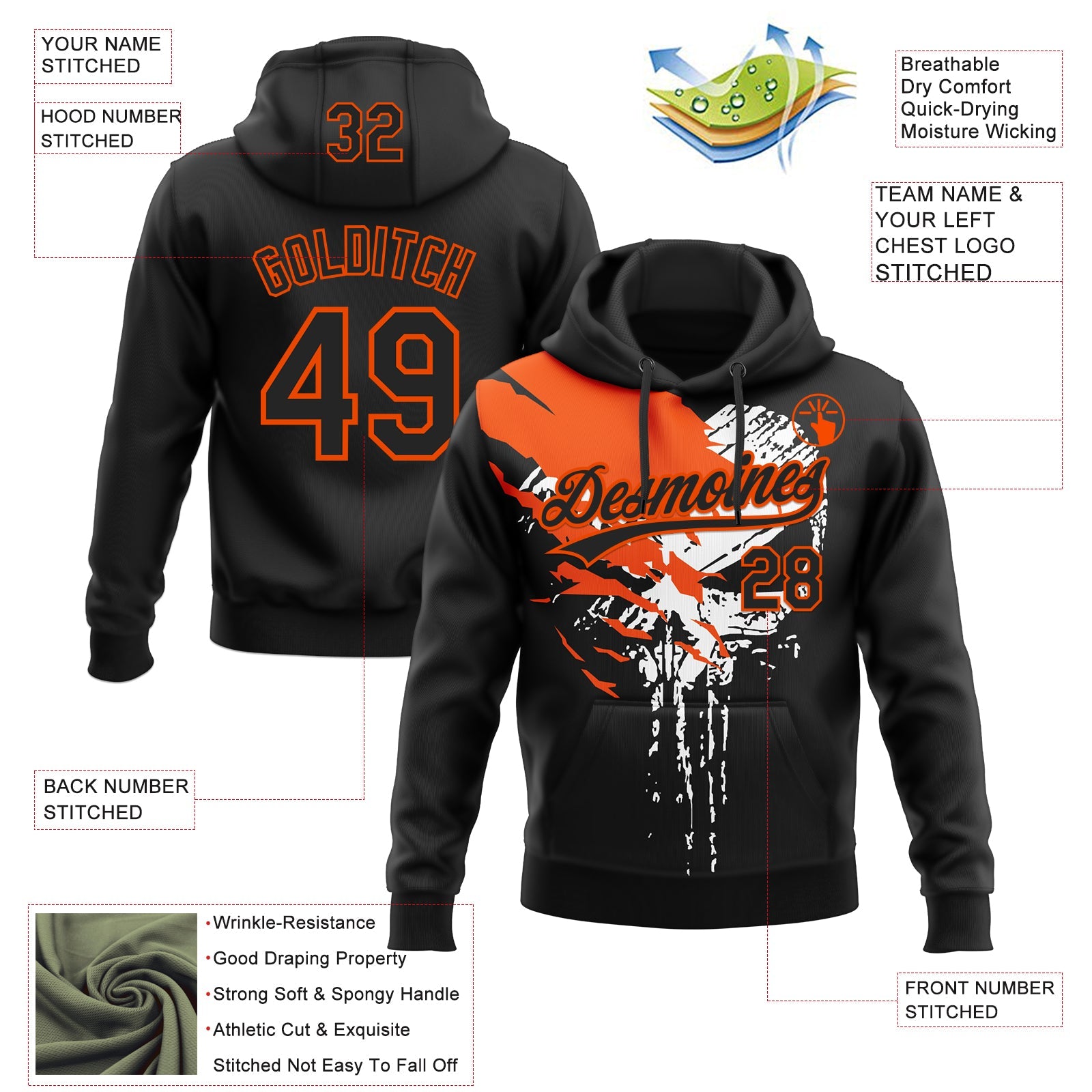Custom Stitched Black Orange-White 3D Skull Pattern Pullover Sweatshirt Hoodie
