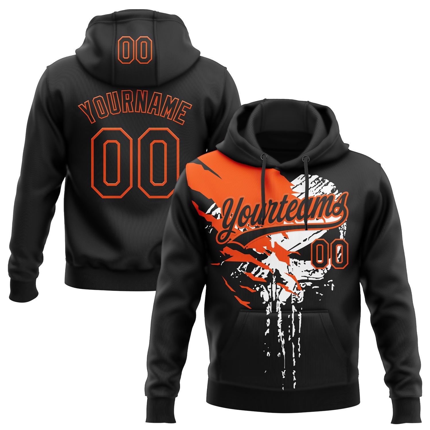 Custom Stitched Black Orange-White 3D Skull Pattern Pullover Sweatshirt Hoodie