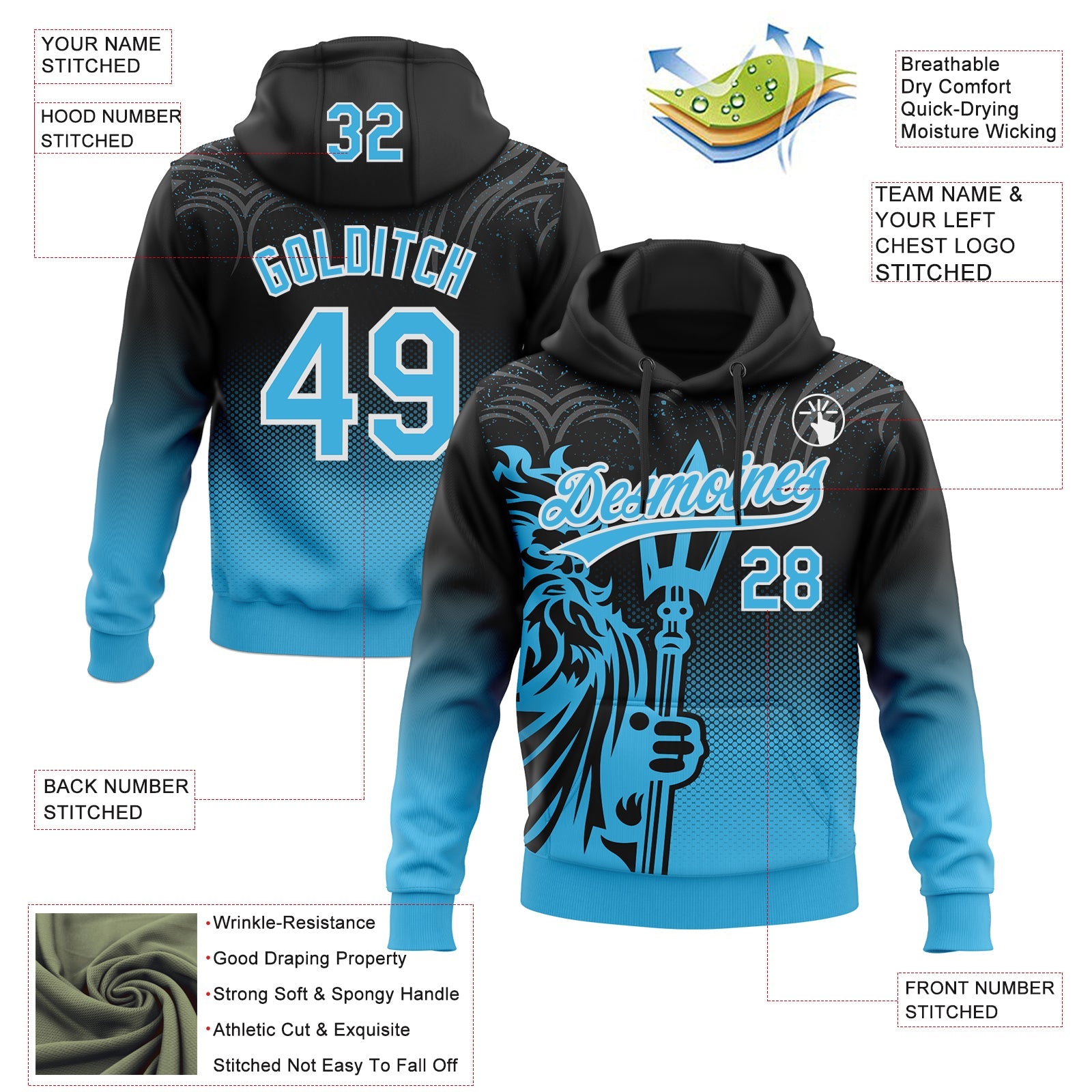 Custom Stitched Black Sky Blue-White 3D Pattern Design Knight Pullover Sweatshirt Hoodie
