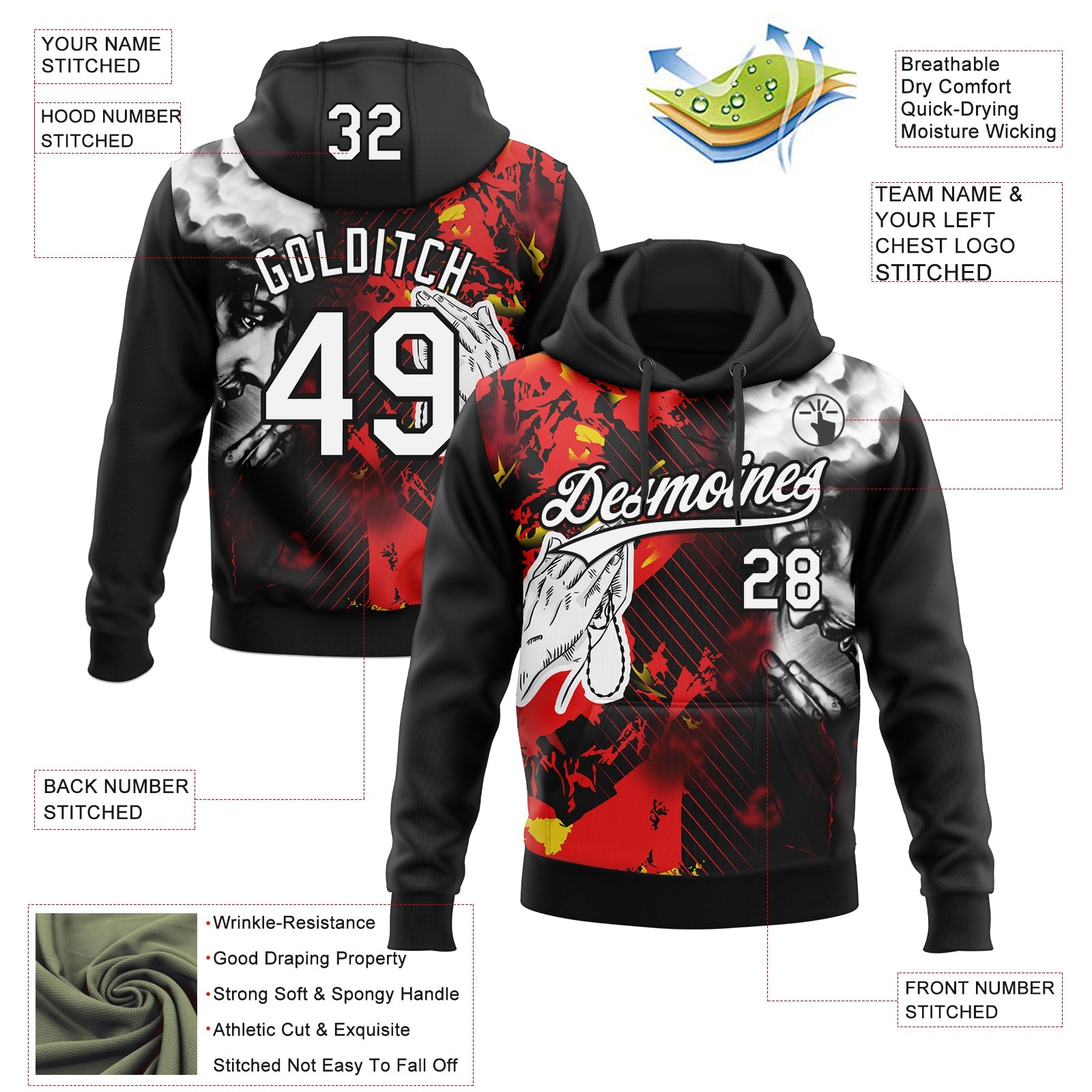 Custom Stitched Black White-Fire Red 3D Pattern Design Religion Praying Hands Pullover Sweatshirt Hoodie