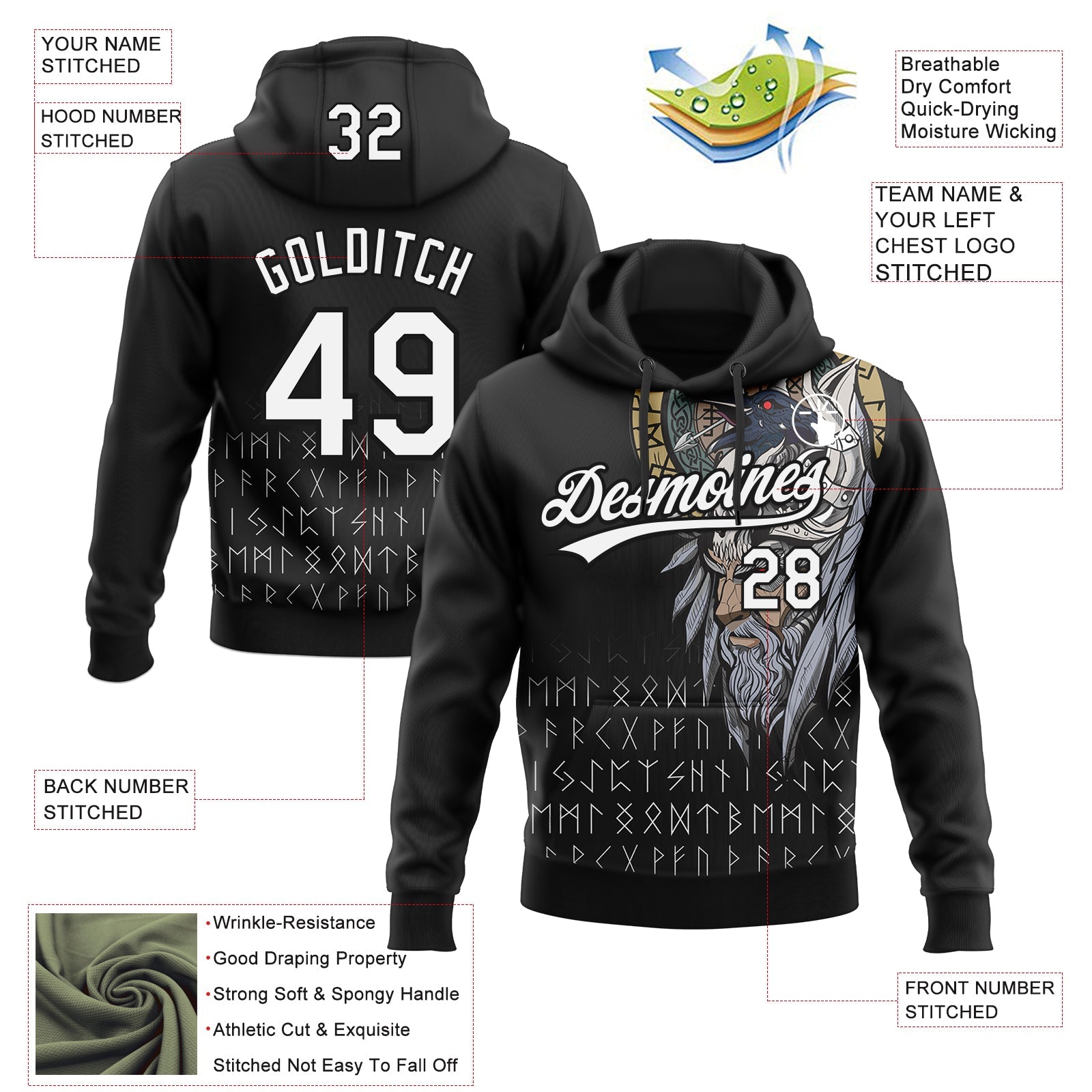 Custom Stitched Black White 3D Pattern Design Viking Pullover Sweatshirt Hoodie