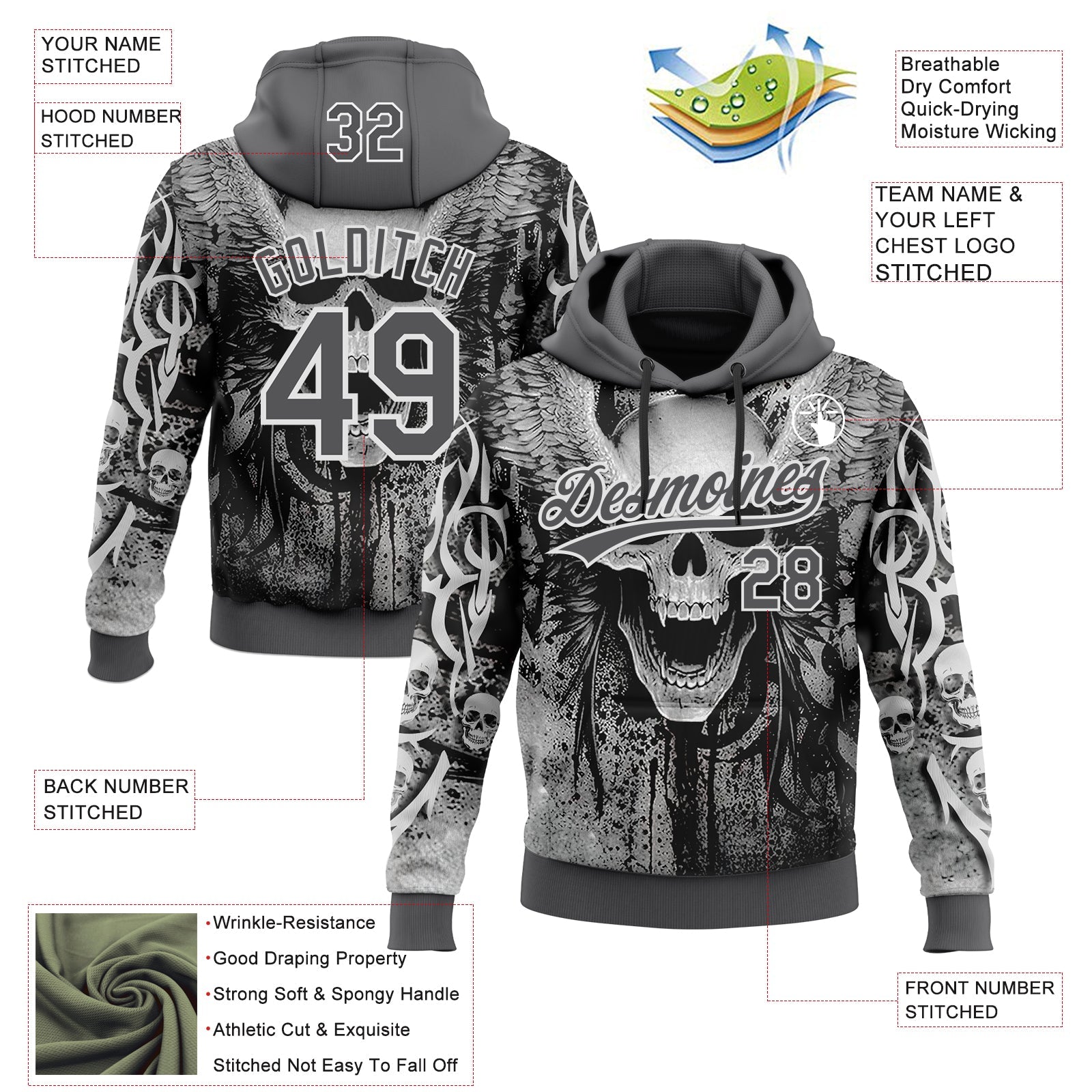 Custom Stitched Steel Gray Black-White 3D Skull Pattern Pullover Sweatshirt Hoodie