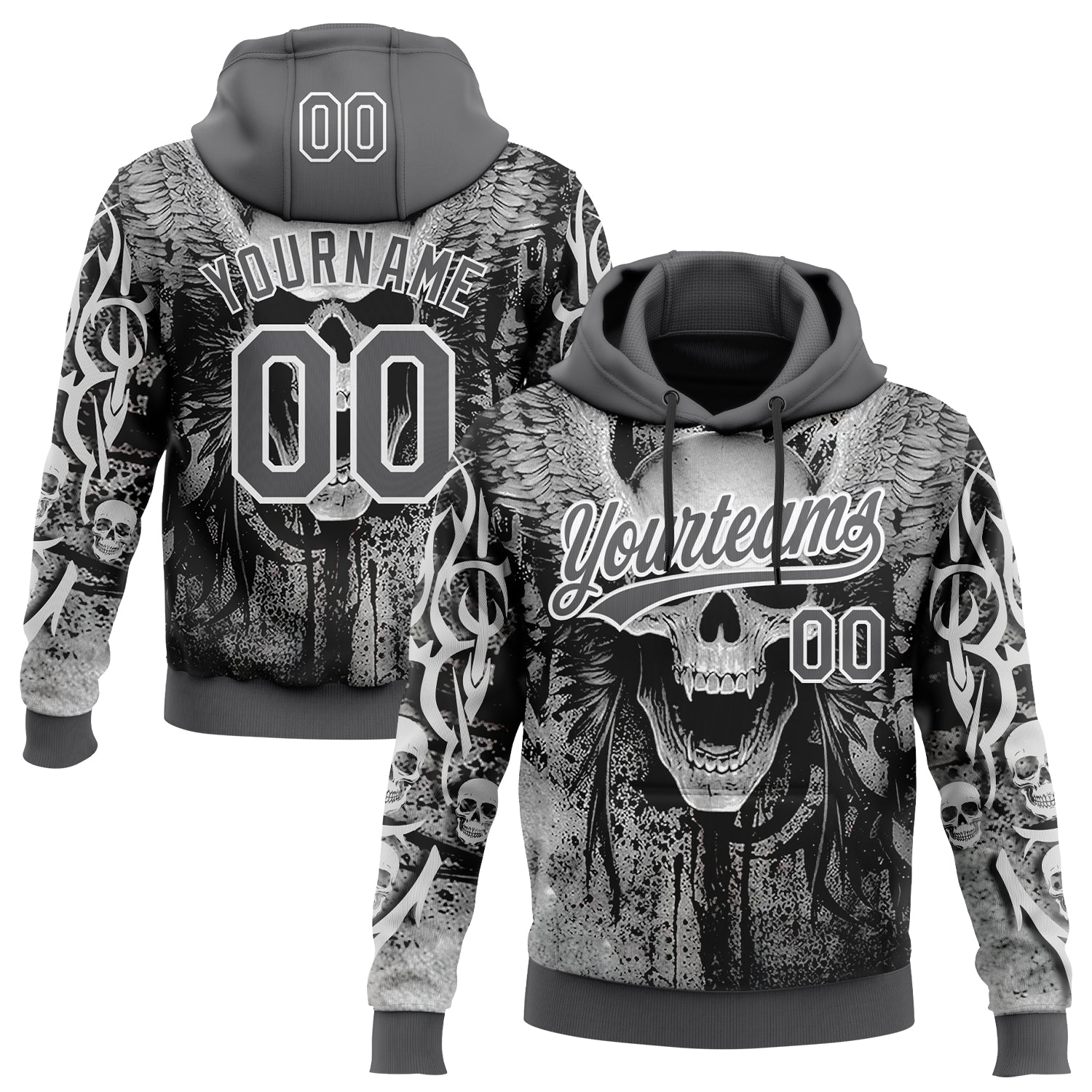 Custom Stitched Steel Gray Black-White 3D Skull Pattern Pullover Sweatshirt Hoodie